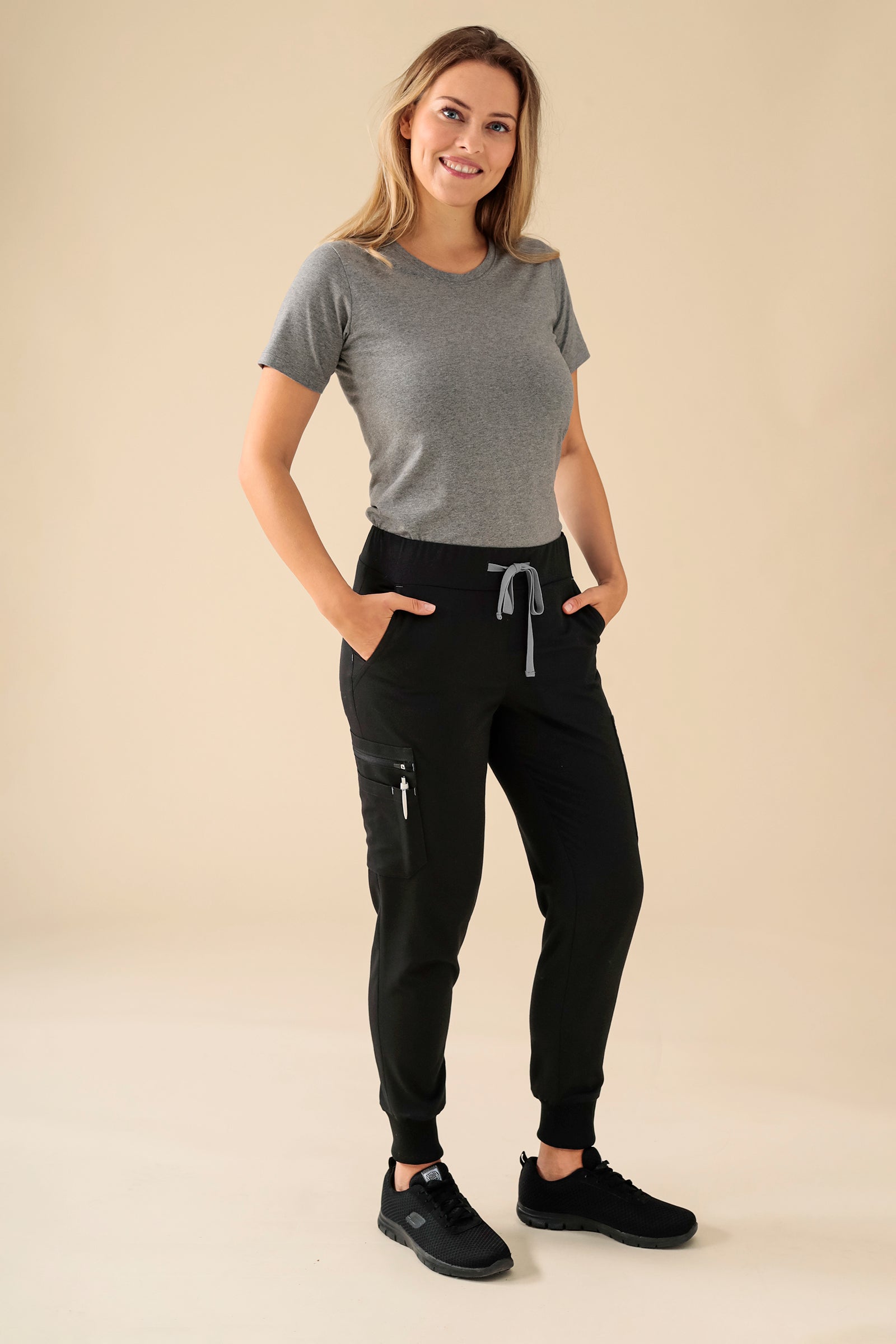 KAERE Pantalon Femme - avec poches cargo et ourlets côtelés Taille courte noir
