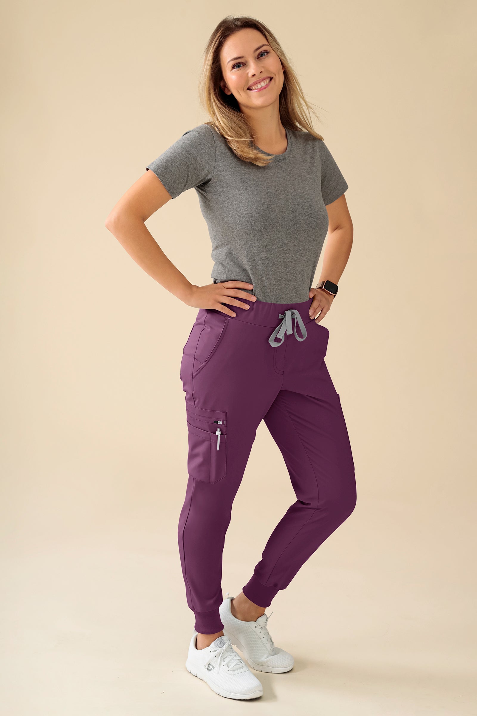 KAERE Pantalon Femme - avec poches cargo et ourlets côtelés Taille courte prune, Vue de face