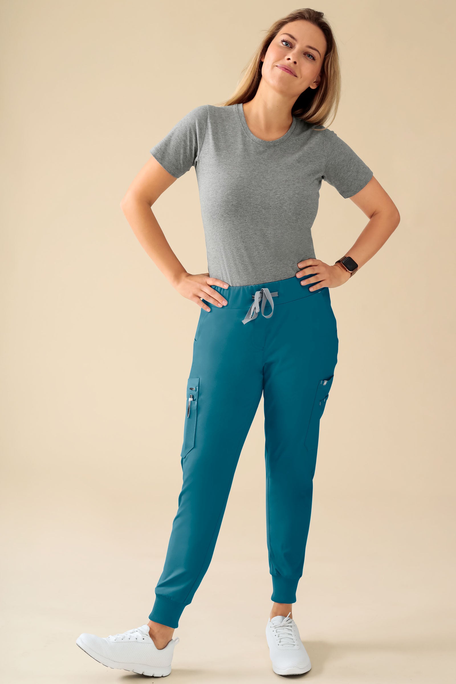 KAERE Pantalon Femme - avec poches cargo et ourlets côtelés Taille courte pétrole