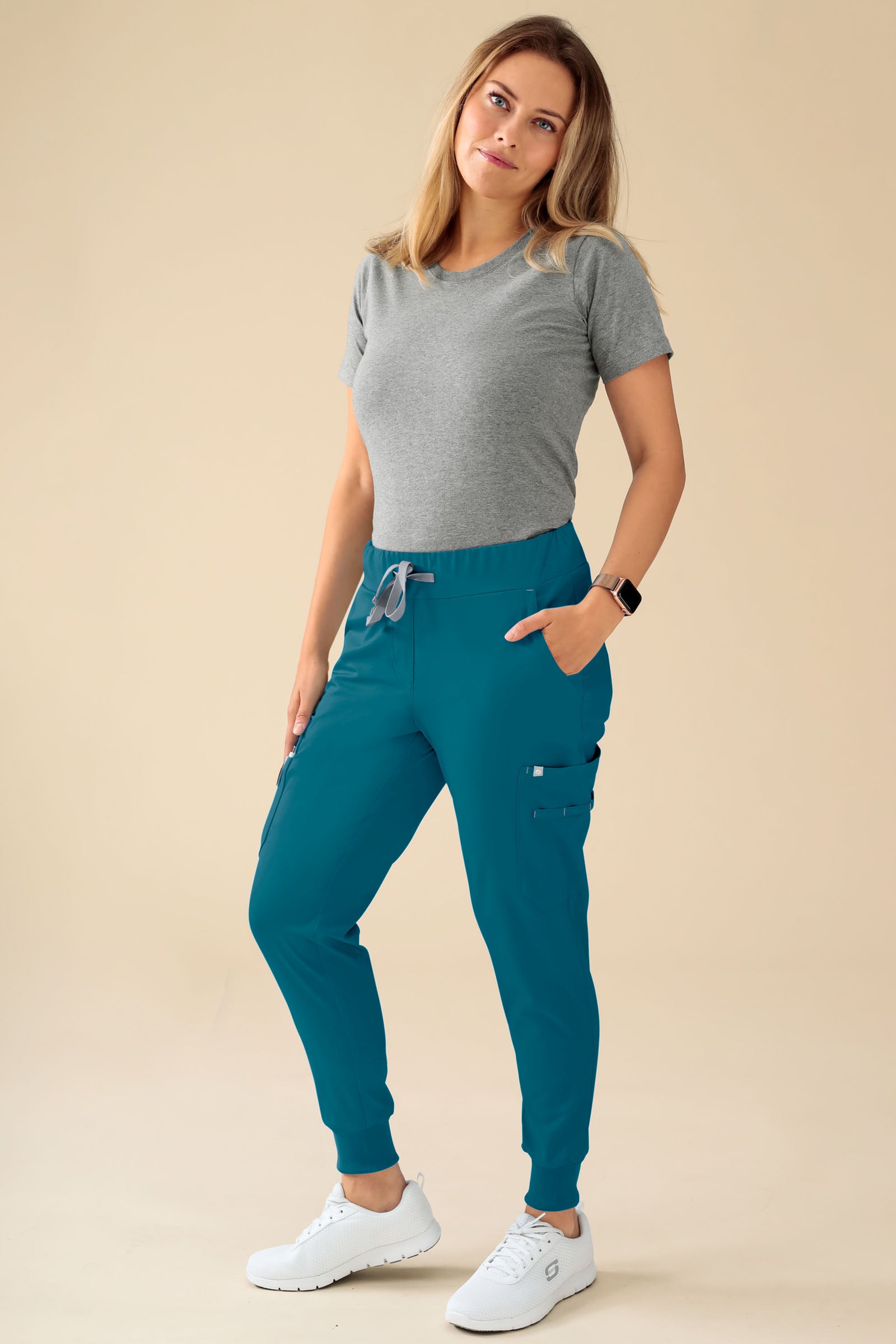 KAERE Pantalon Femme - avec poches cargo et ourlets côtelés Taille courte pétrole