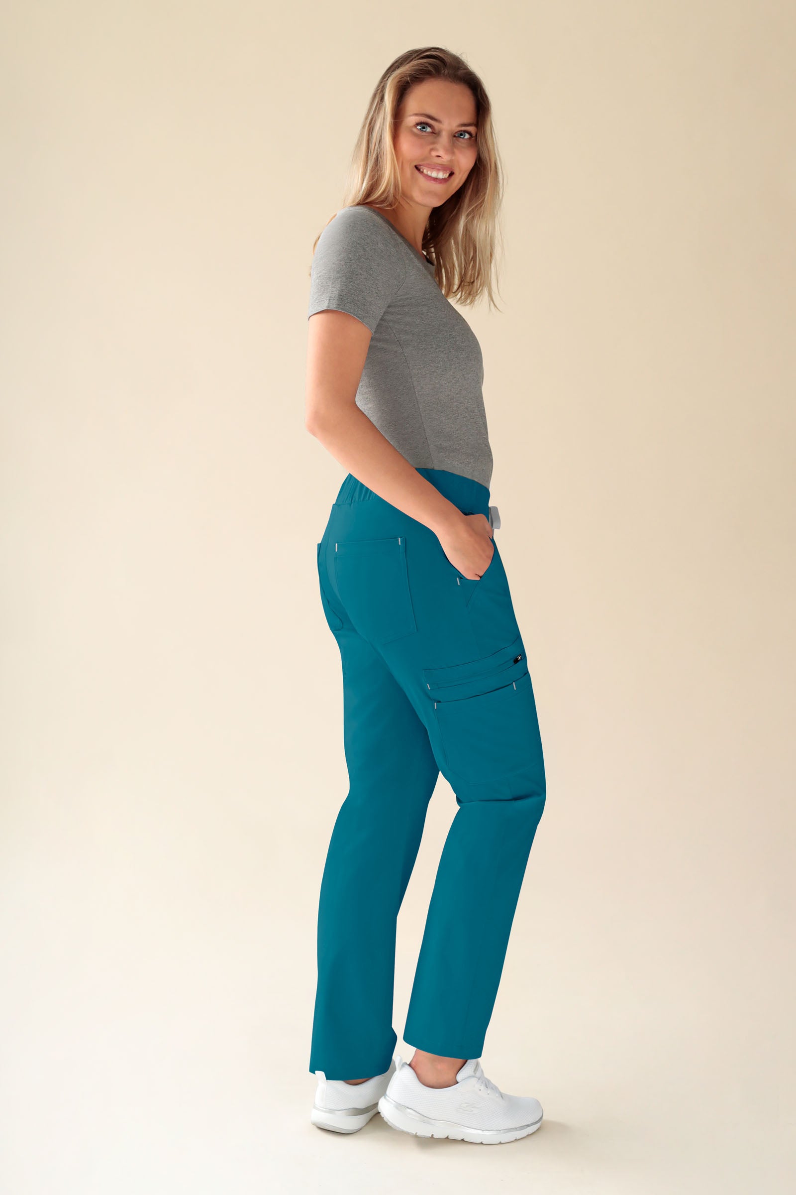 KAERE Pantalon Femme - avec poches cargo Taille courte pétrole