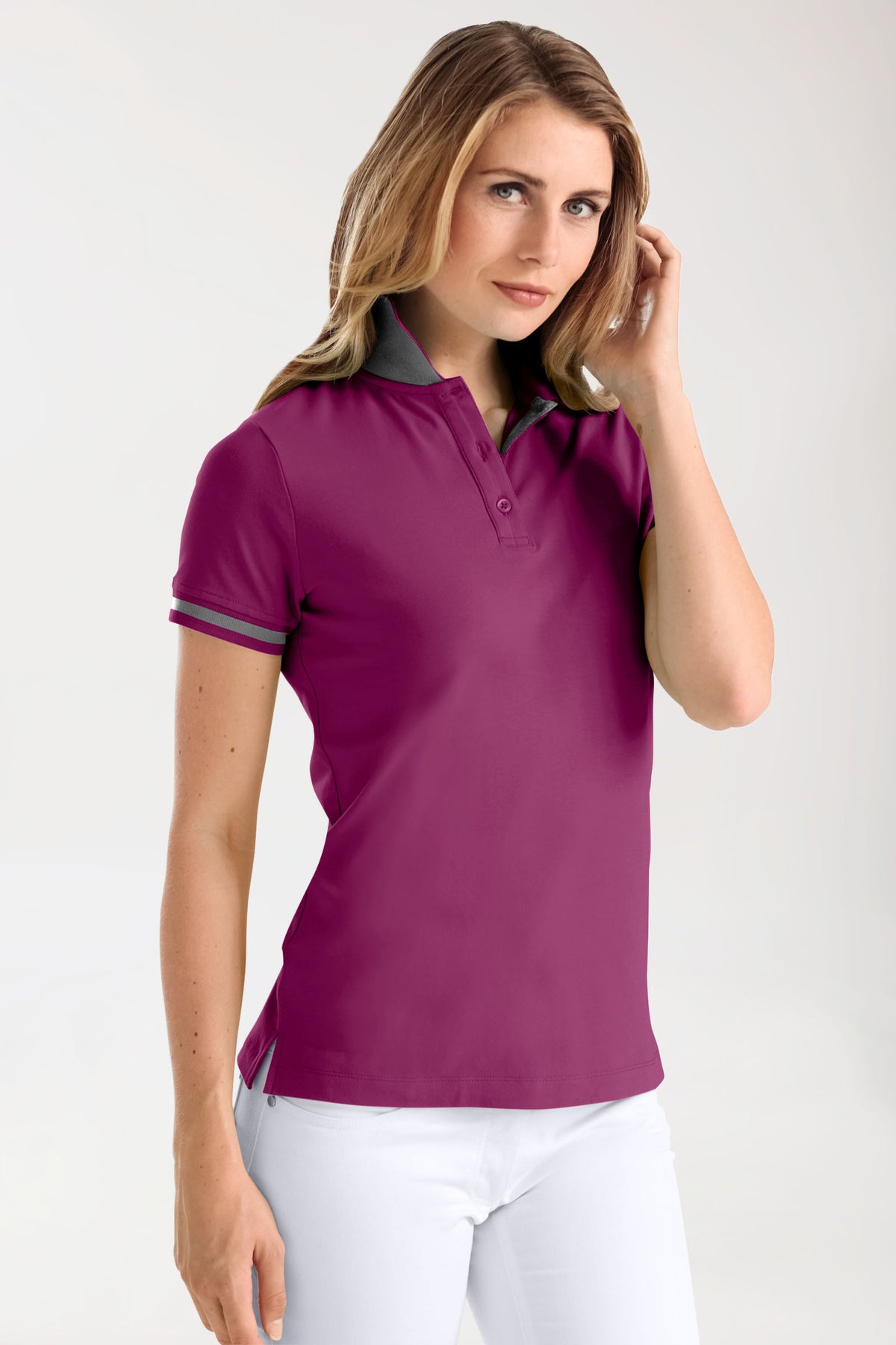 T-shirt Stretch Femme - Col polo berry/gris chiné foncé, Vue de face