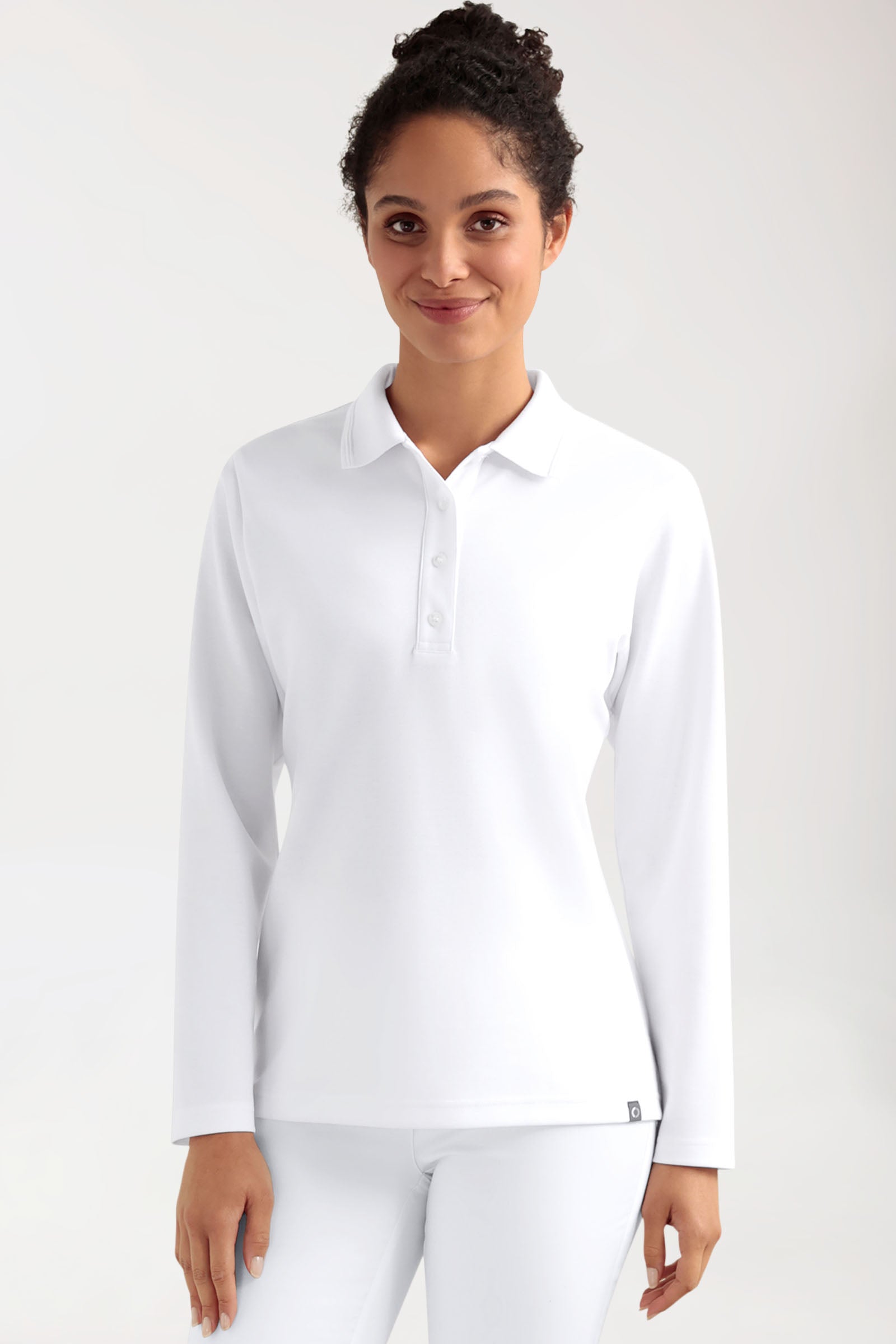 COMFY FLEX Femme, manche longue, maille piquée stretch – Col polo blanc