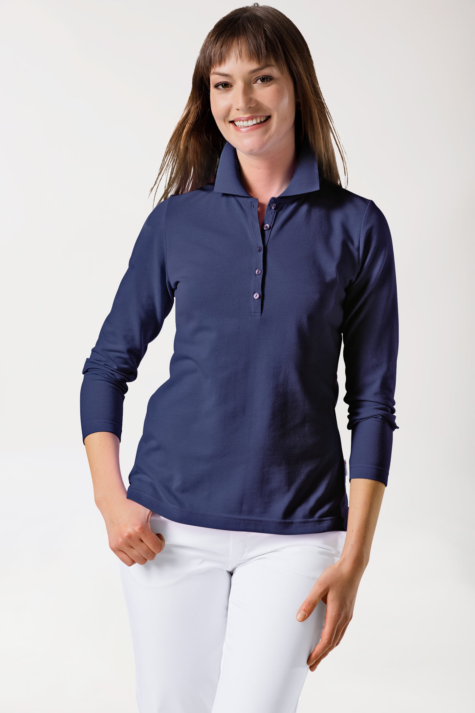 T-shirt Stretch Femme - Col polo et manche longue bleu navy