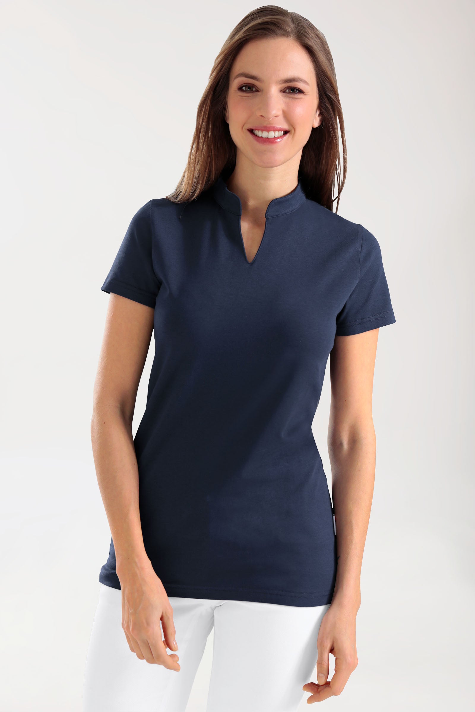 T-shirt Stretch Femme - Col officier bleu navy