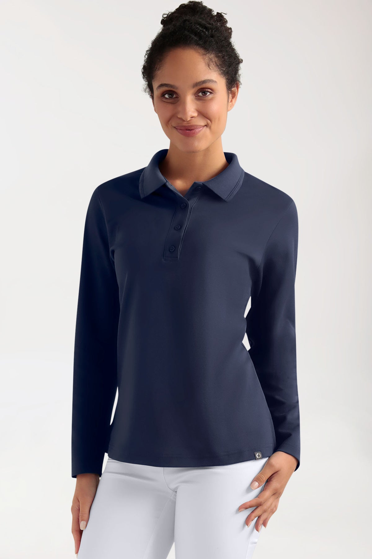 COMFY FLEX Femme, manche longue, maille piquée stretch – Col polo navy, Vue de face