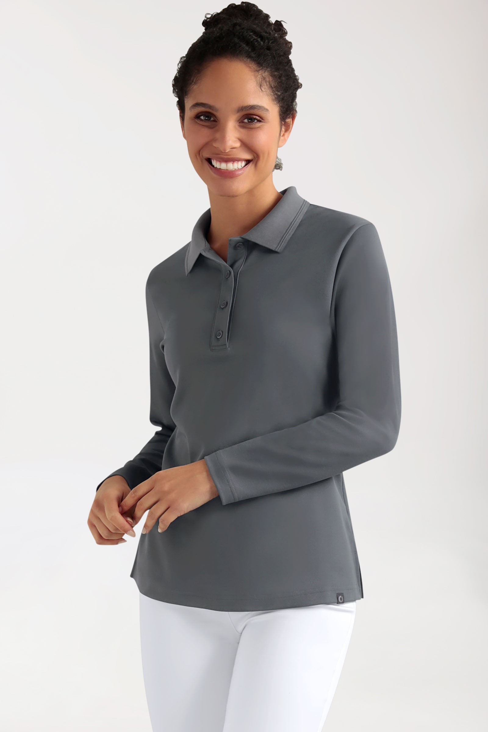 COMFY FLEX Femme, manche longue, maille piquée stretch – Col polo galet