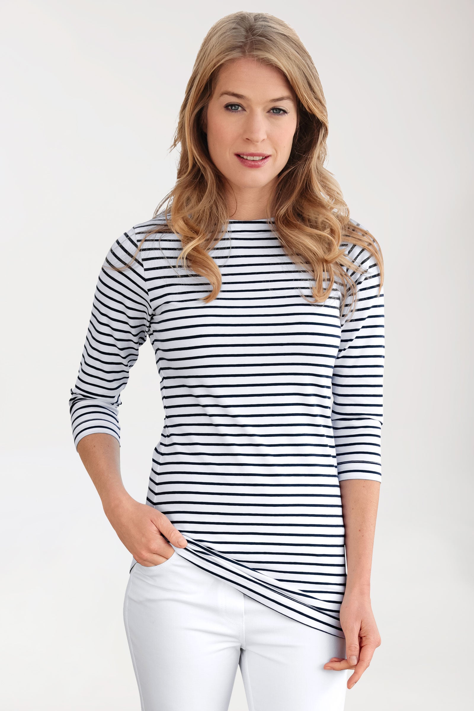 T-shirt long Femme - Manche 3/4 blanc/bleu navy, Vue de face