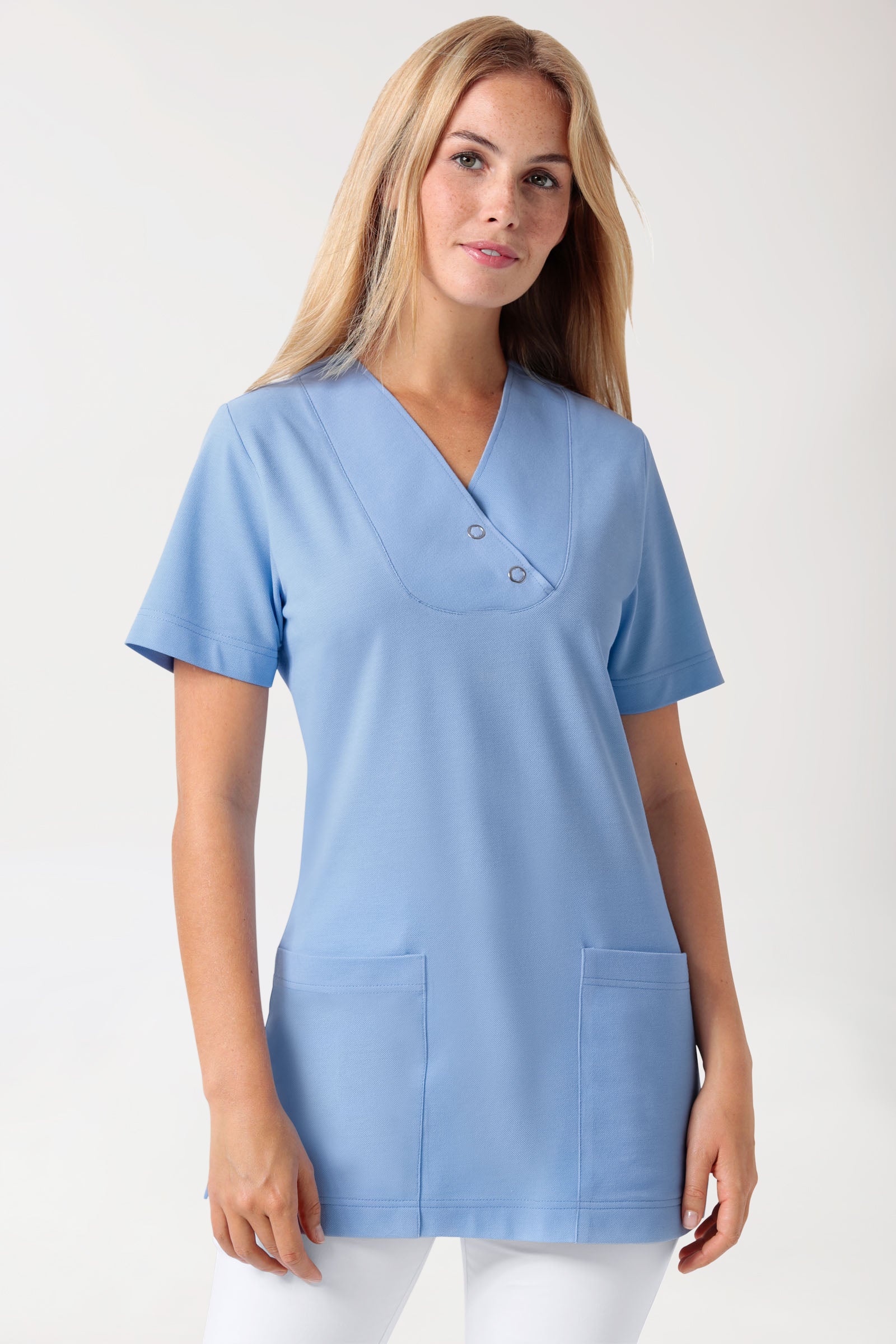 T-shirt long Femme en Piqué - Col V bleu ciel