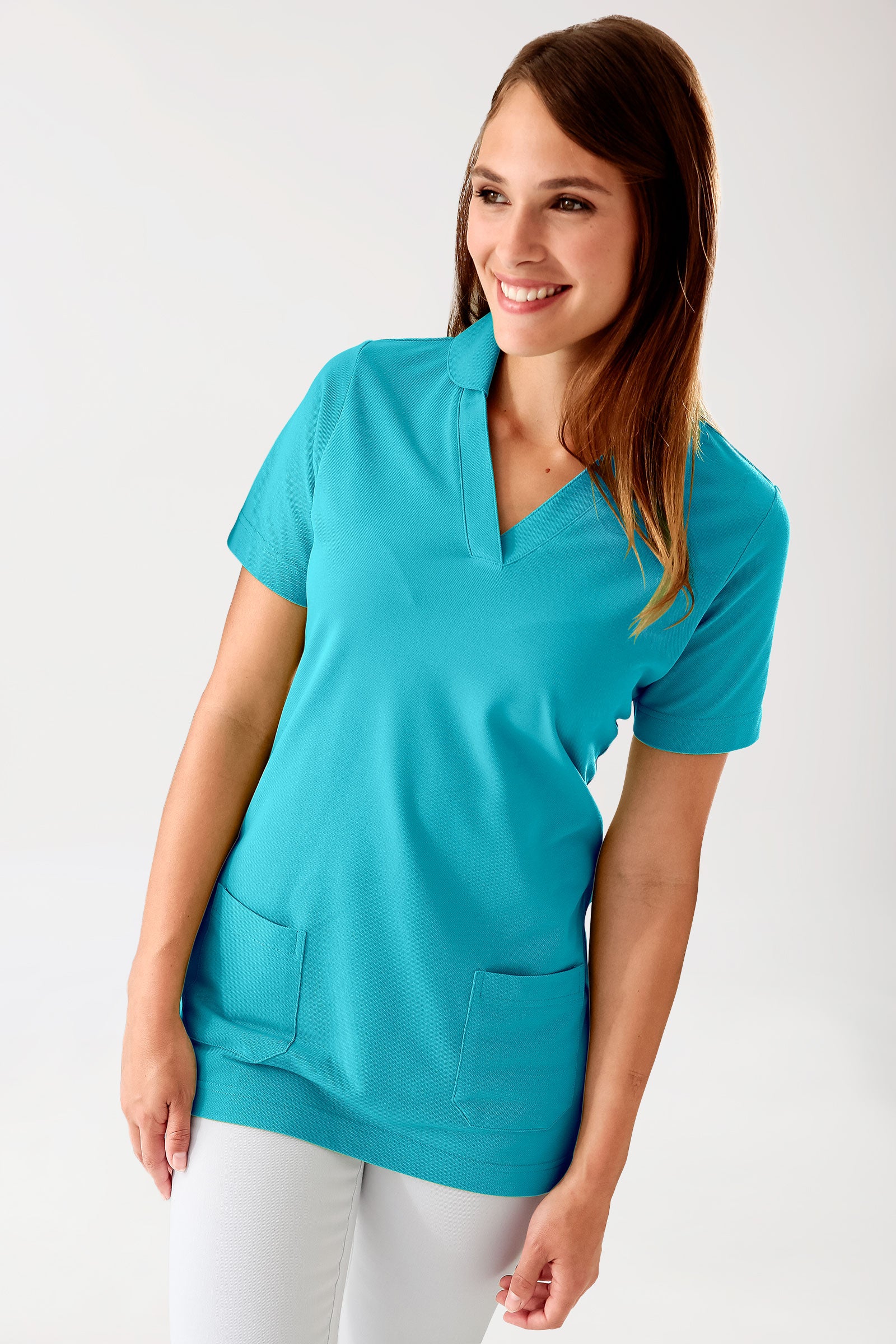 T-shirt long Femme en Piqué - Avec col bleu curaçao