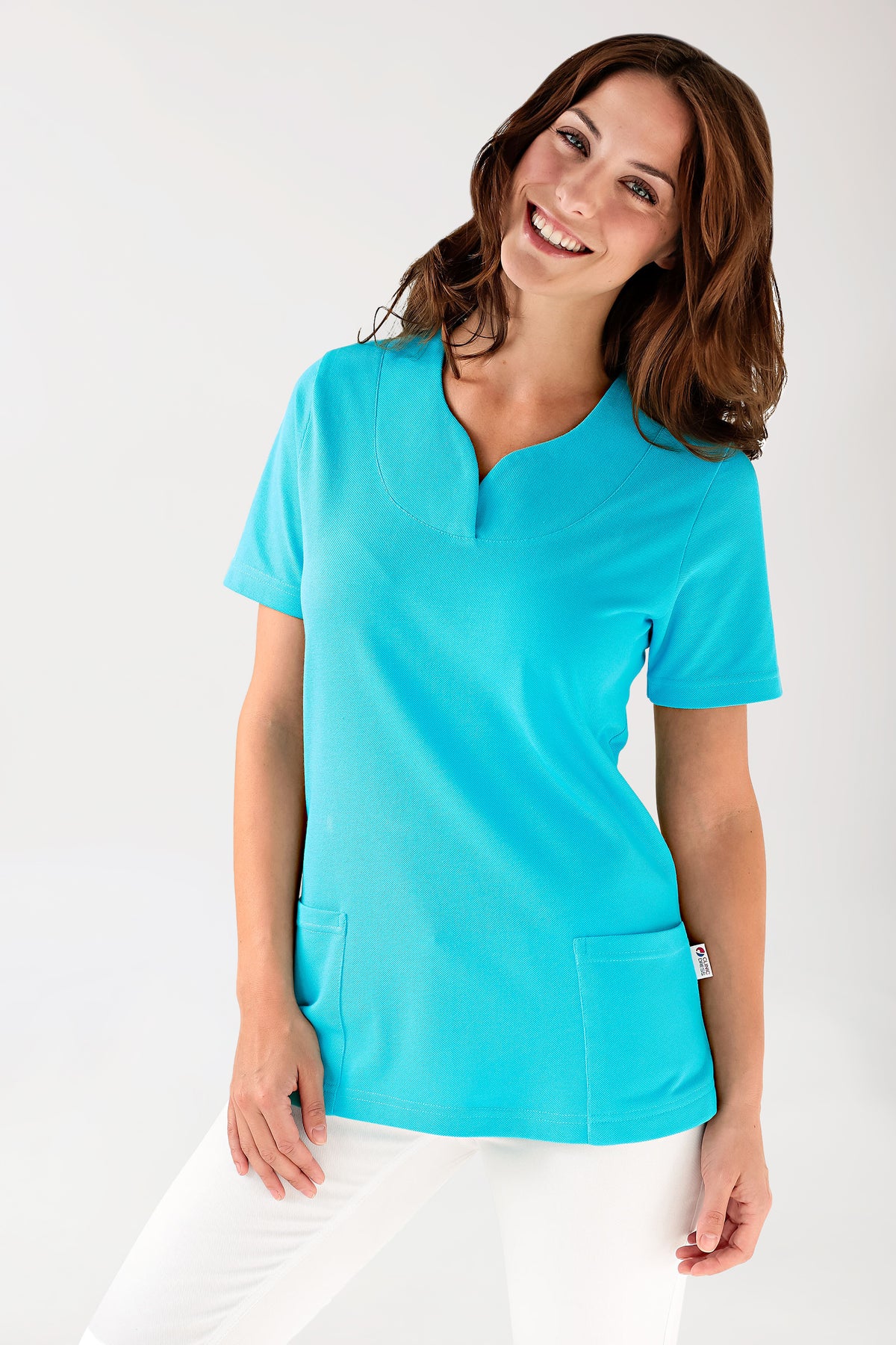 T-shirt long Femme en Piqué - Encolure diagonale bleu curaçao