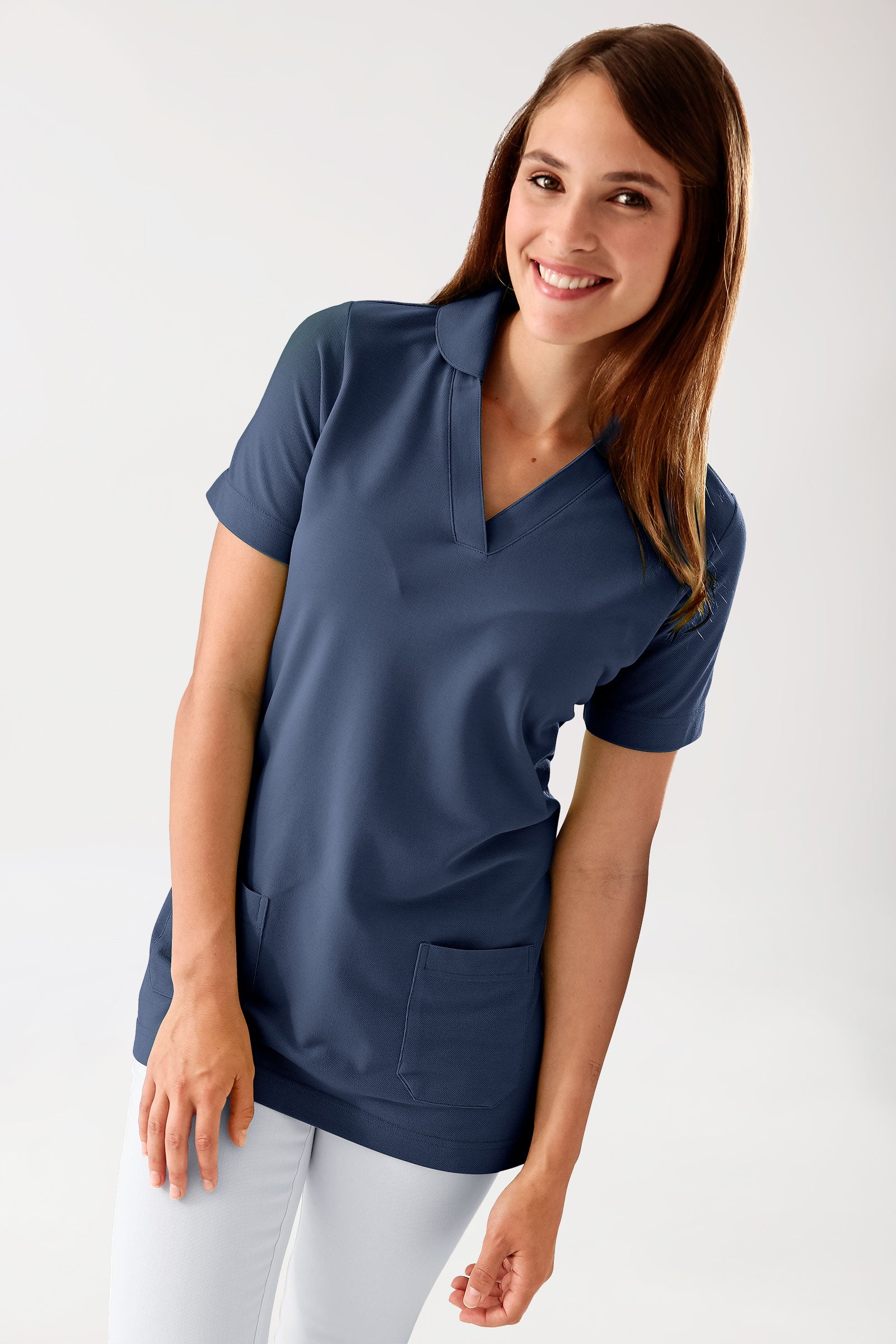 T-shirt long Femme en Piqué - Avec col bleu navy, Vue de face