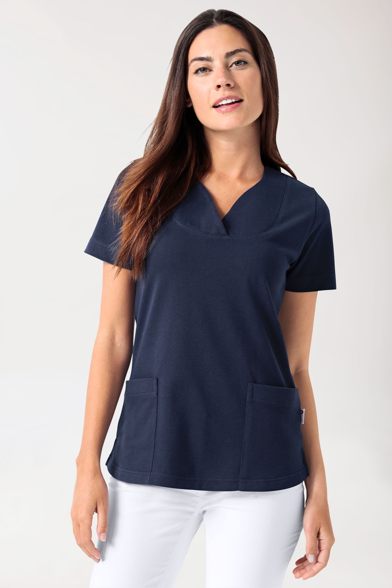 T-shirt long Femme en Piqué - Encolure diagonale bleu navy