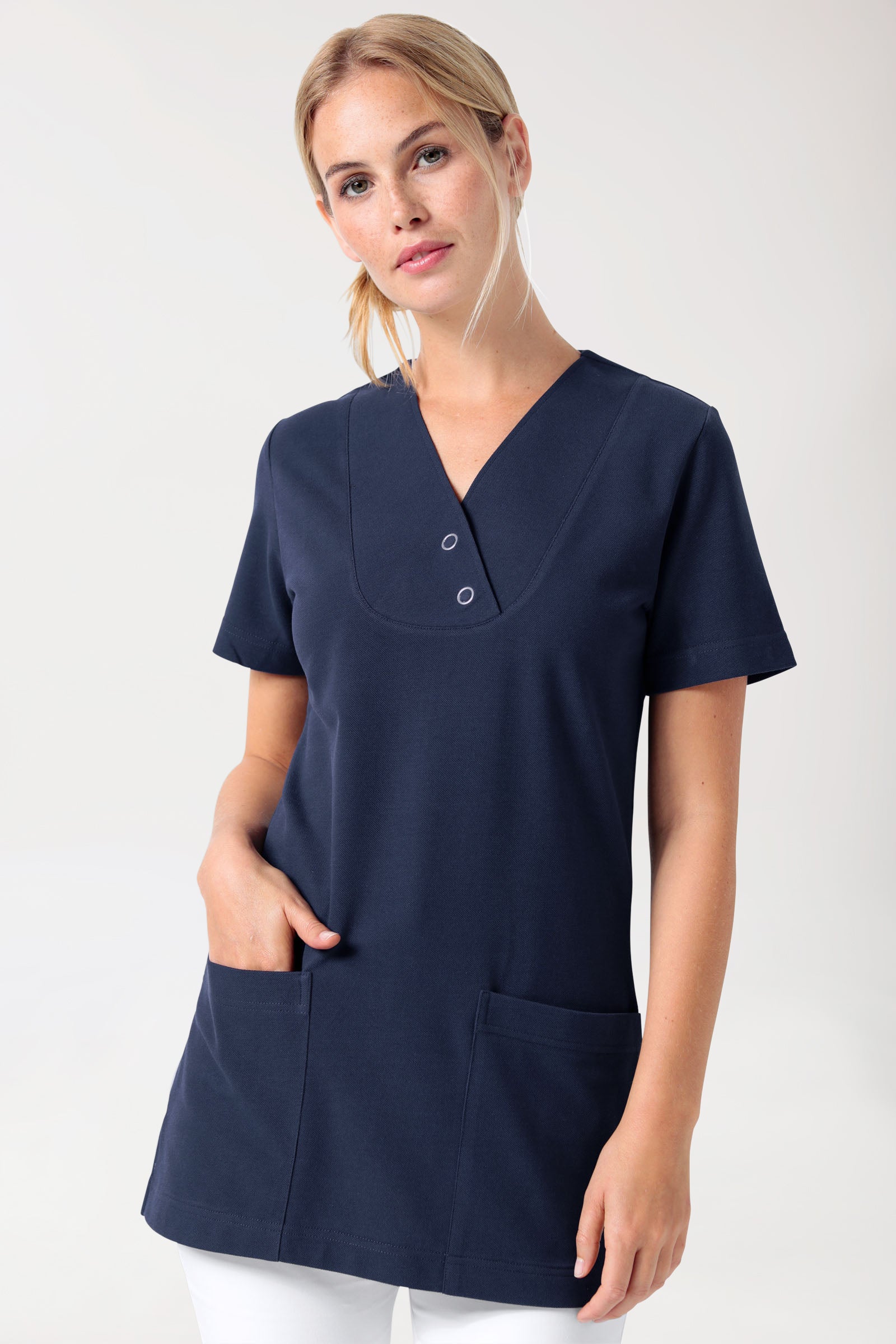 T-shirt long Femme en Piqué - Col V bleu navy
