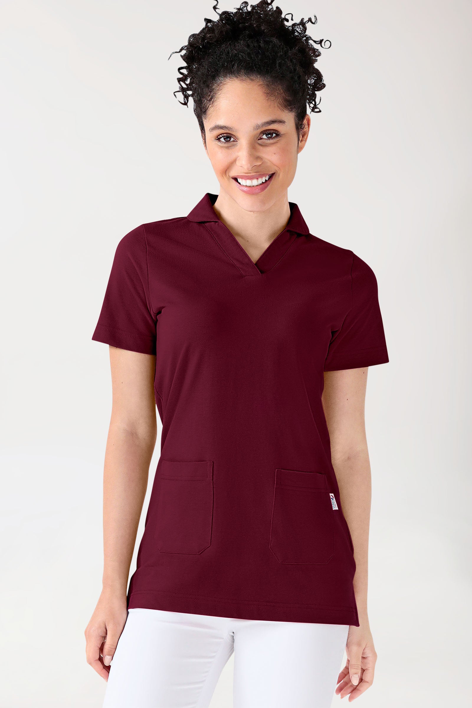 T-shirt long Femme en Piqué - Avec col bordeaux, Vue de face