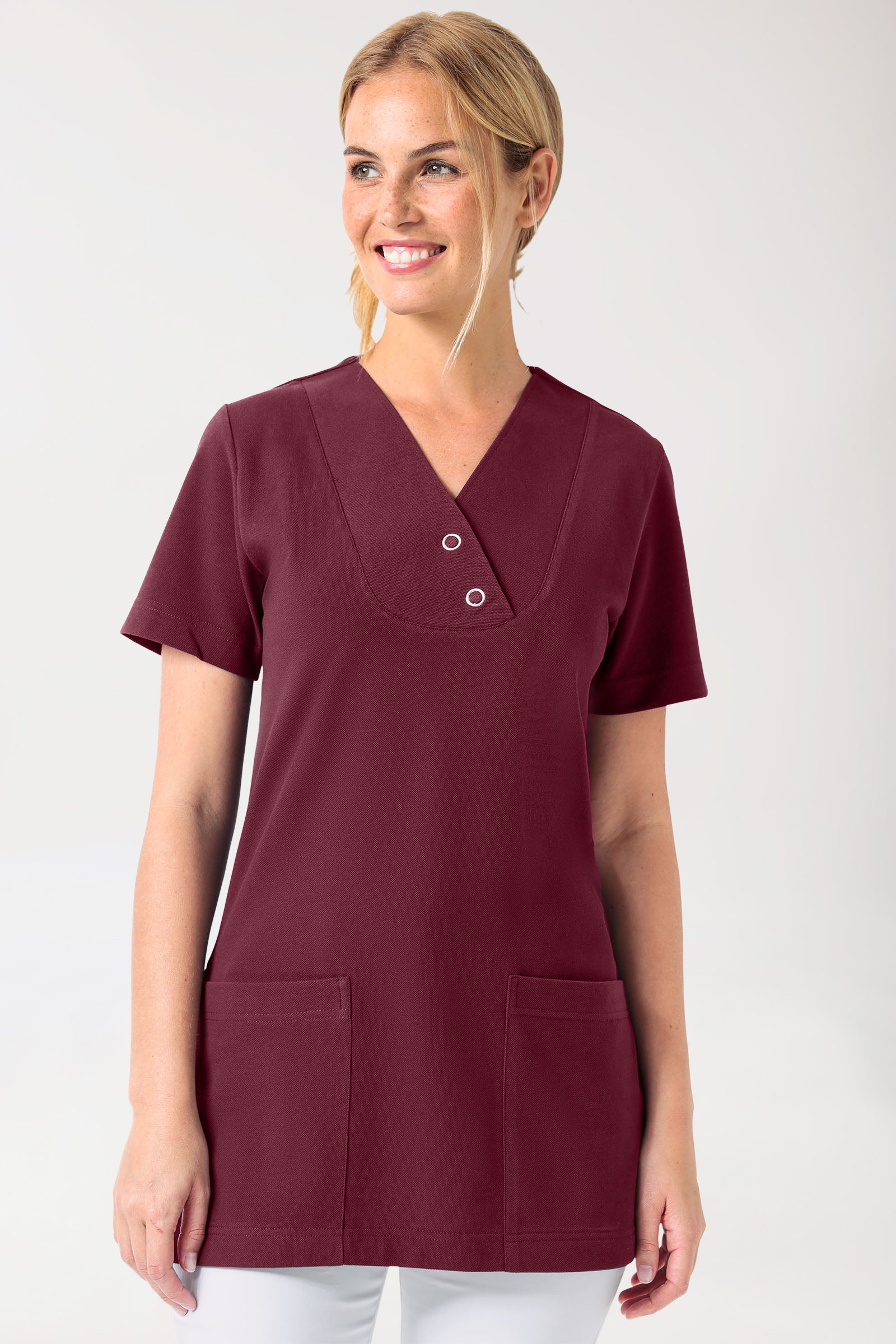 T-shirt long Femme en Piqué - Col V bordeaux