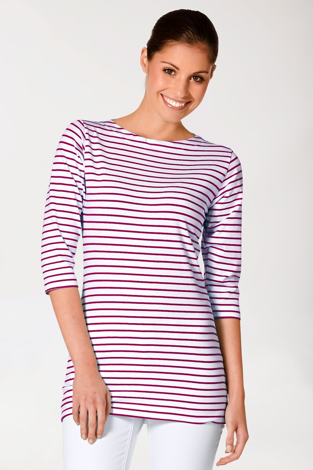 T-shirt long Femme - Manche 3/4 bordeaux/blanc, Vue de face