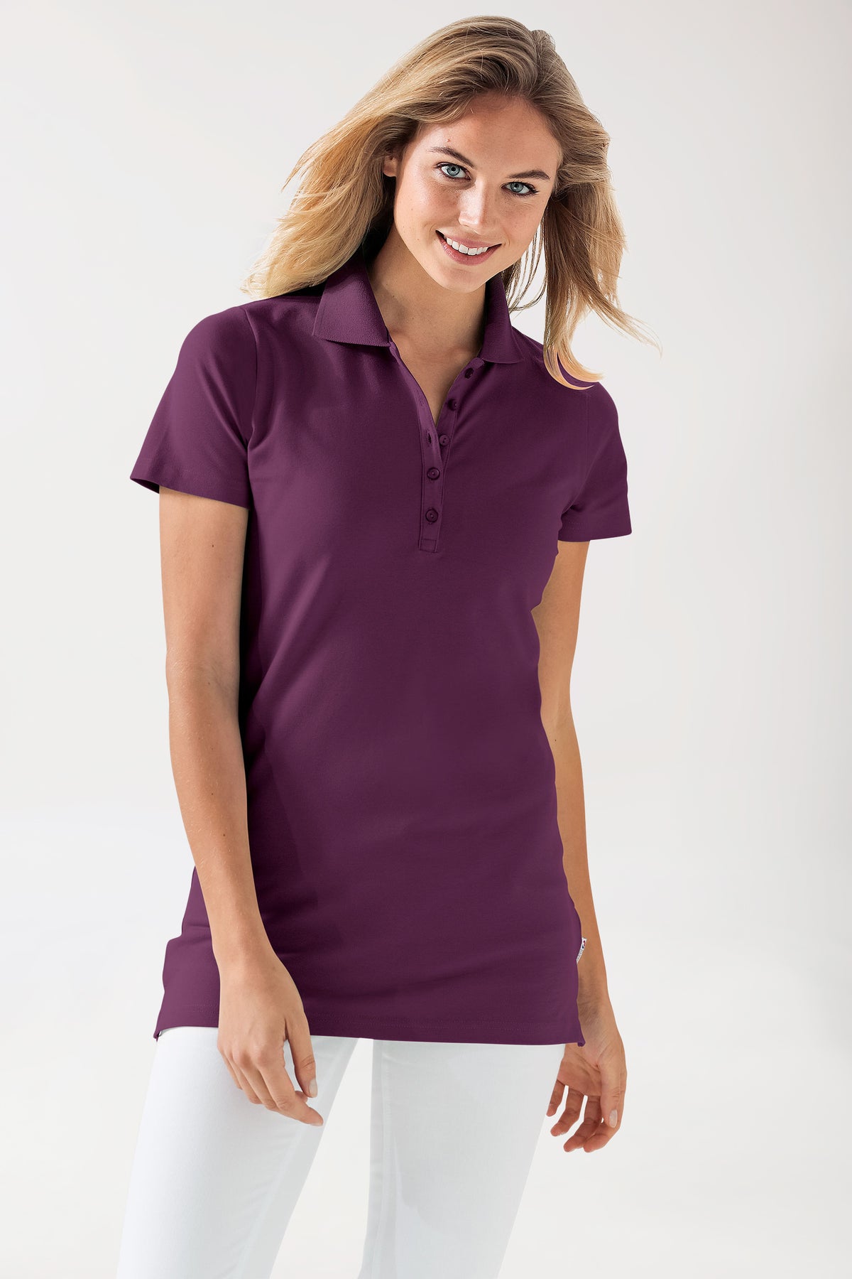 T-shirt long Stretch Femme - Col polo prune, Vue de face