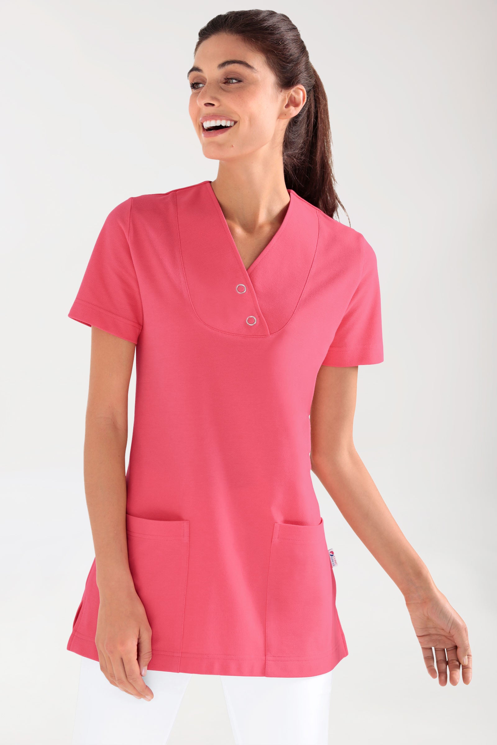 T-shirt long Femme en Piqué - Col V rose lipstick