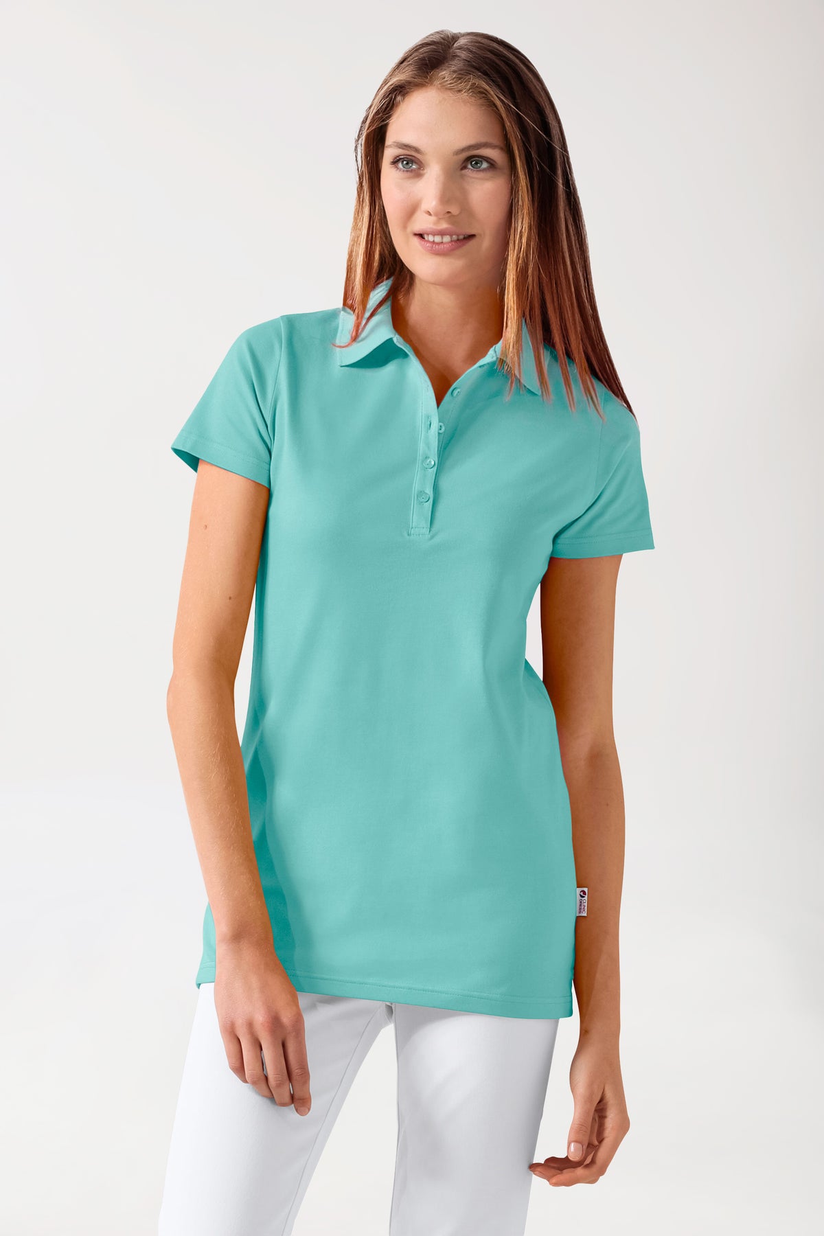 T-shirt long Stretch Femme - Col polo vert d'eau, Vue de face