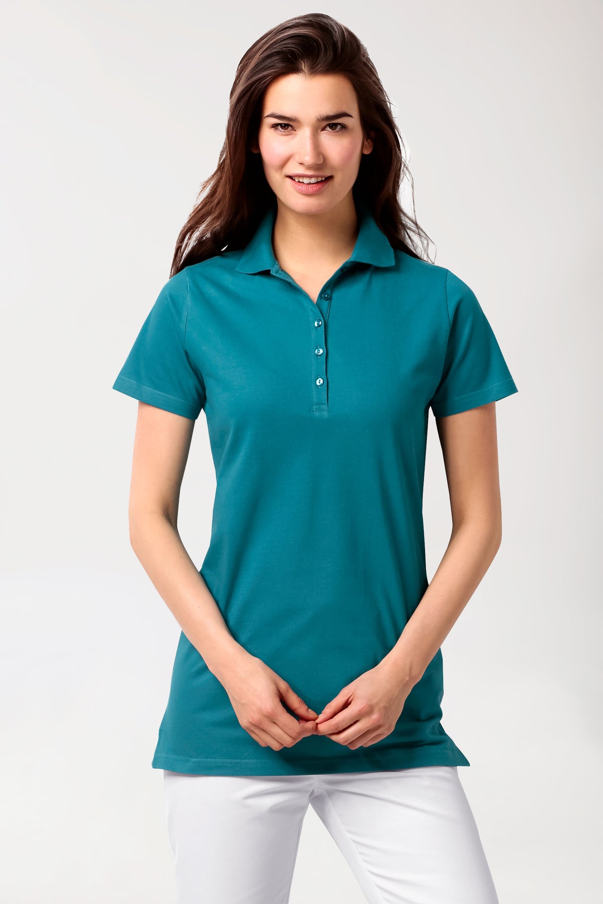 T-shirt long Stretch Femme - Col polo vert pétrole, Vue de face