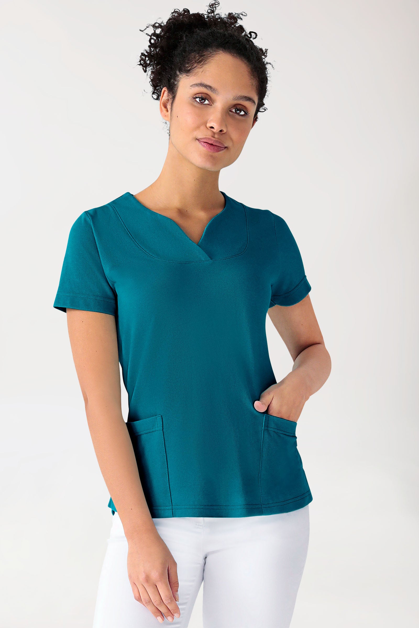 T-shirt long Femme en Piqué - Encolure diagonale vert pétrole
