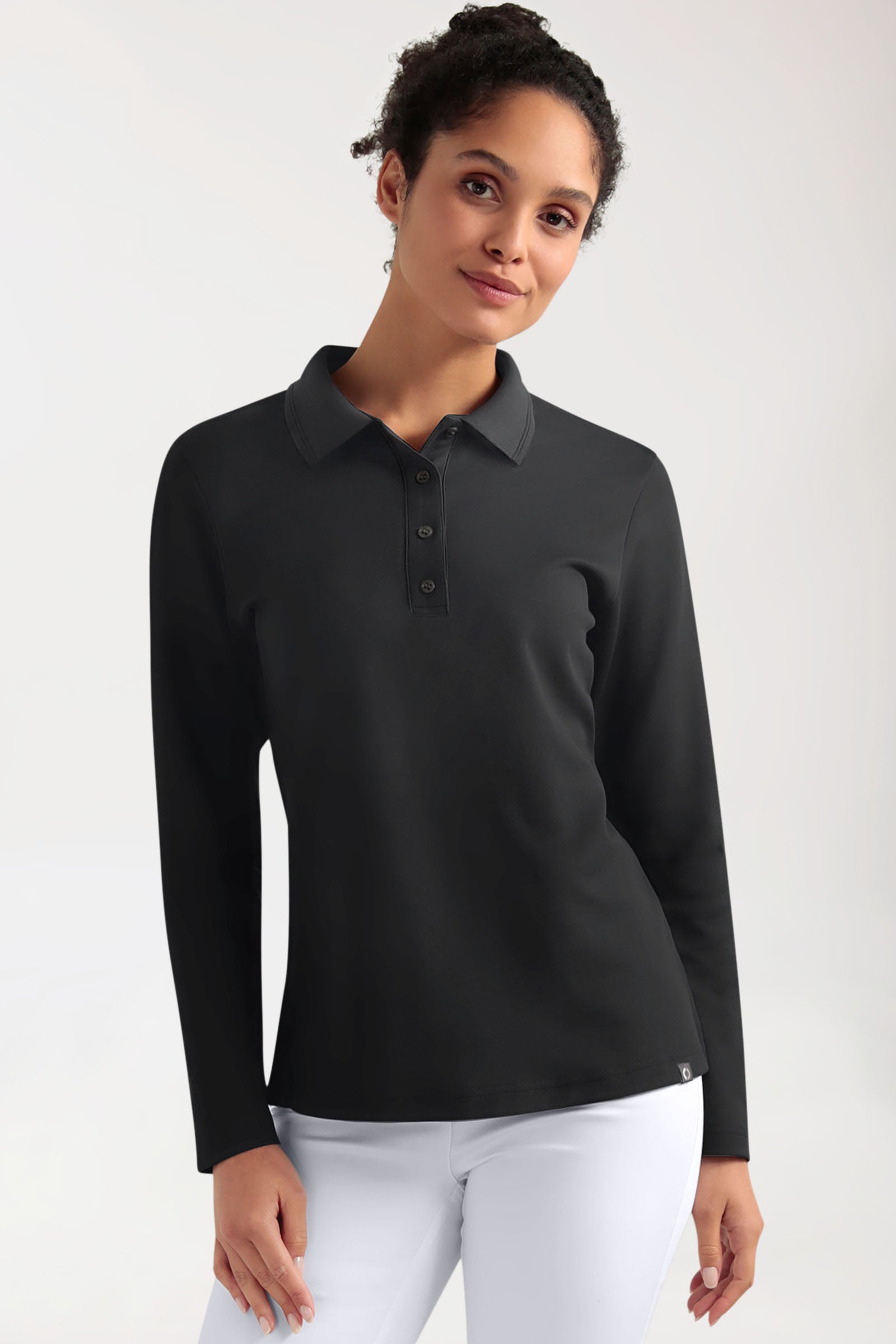COMFY FLEX Femme, manche longue, maille piquée stretch – Col polo noir