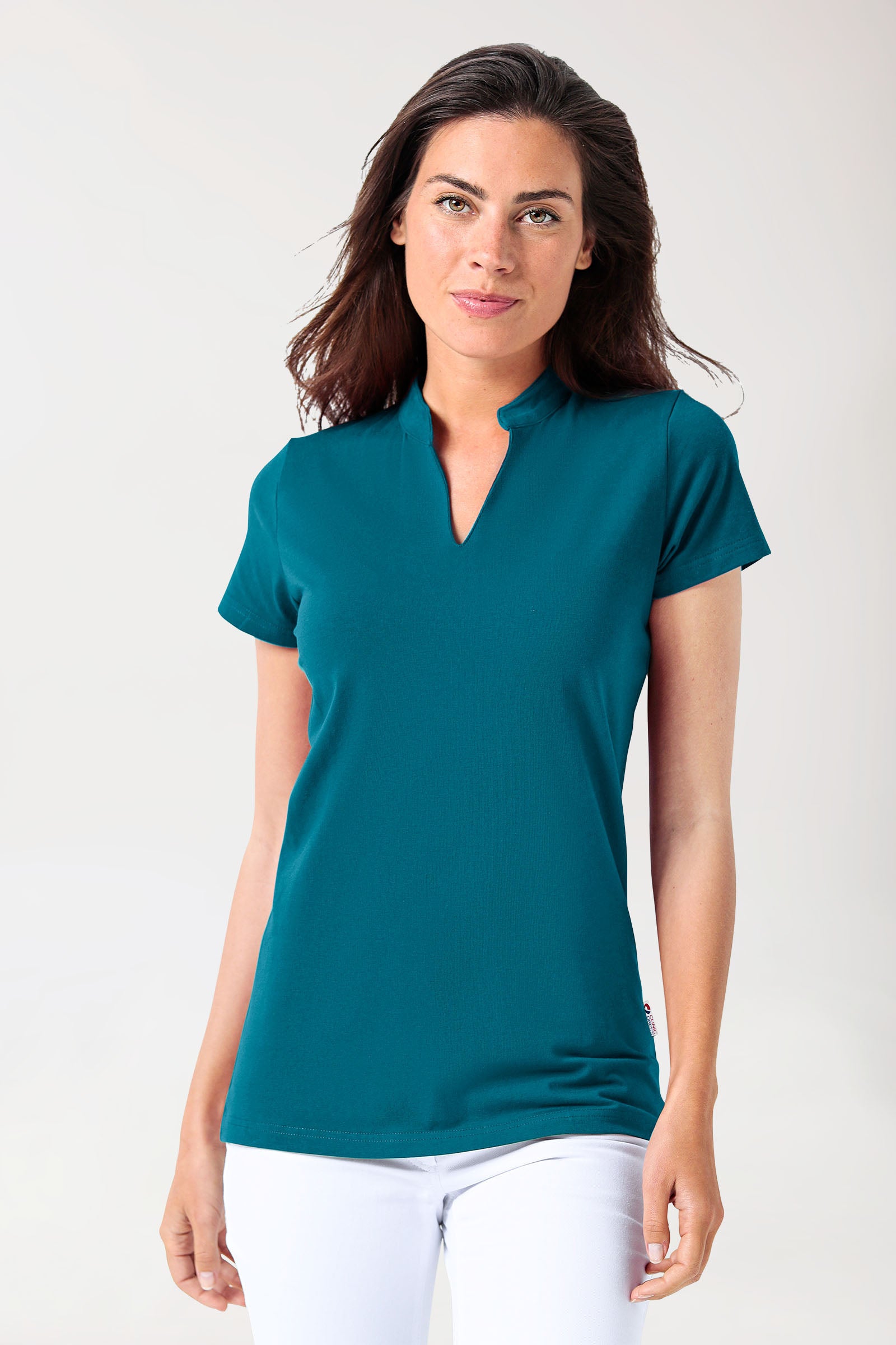 T-shirt Stretch Femme - Col officier vert pétrole, Vue de face