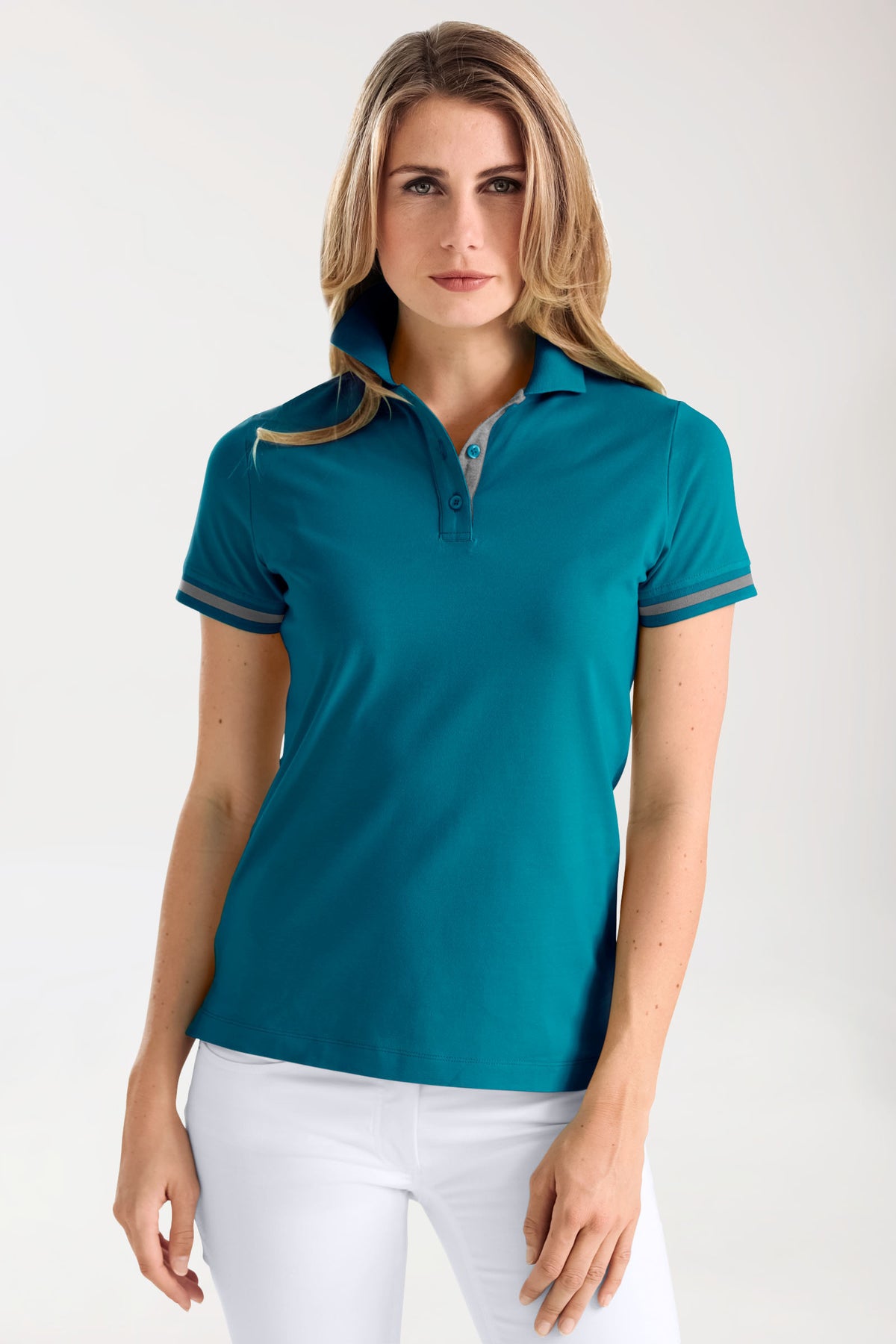 T-shirt Stretch Femme - Col polo vert pétrole/gris chiné foncé