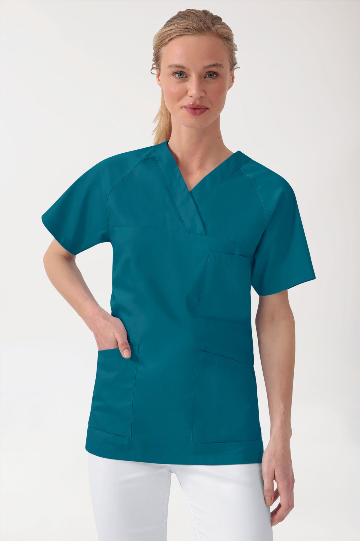 LA tunique médicale femme - Décolleté V pétrole, Vue de face