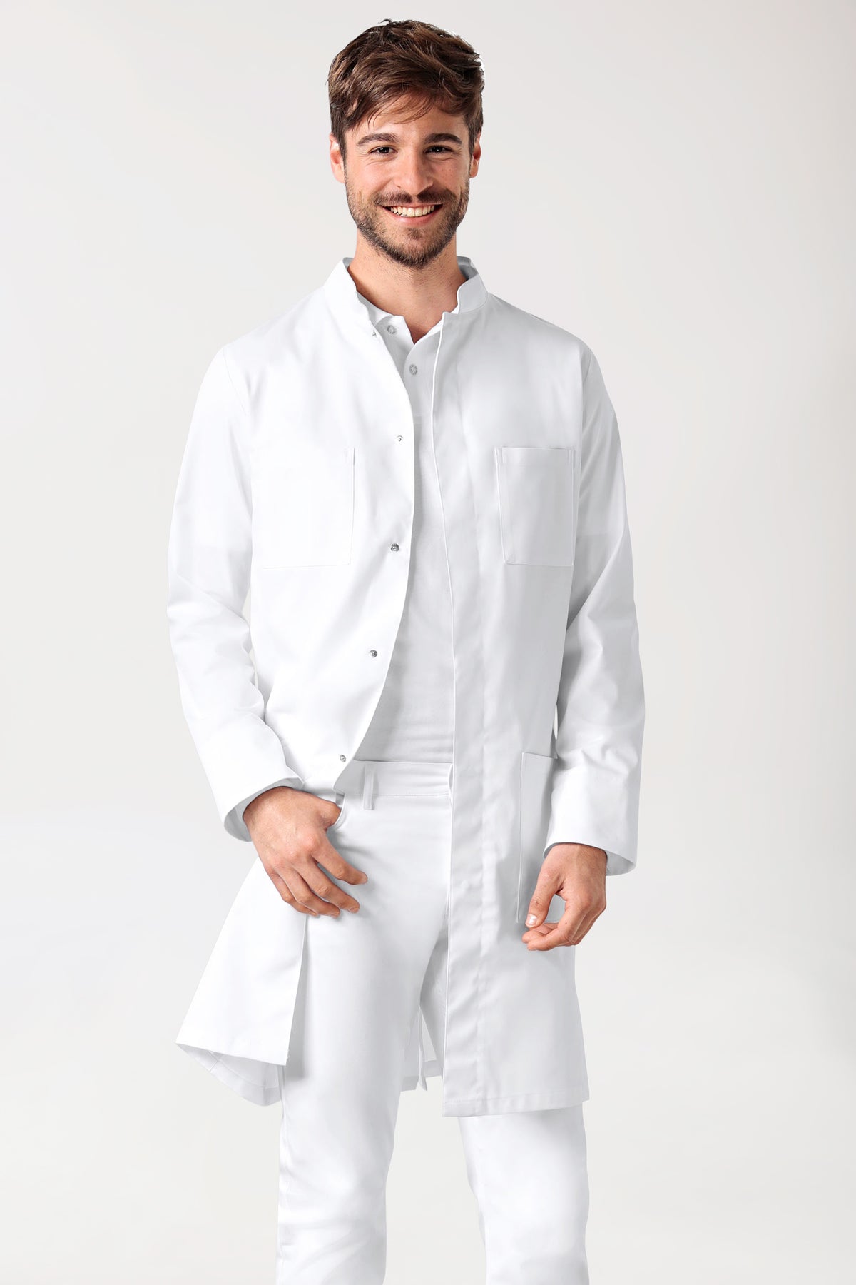 Blouse blanche Homme - Patte de boutons-pression - Col officier blanc