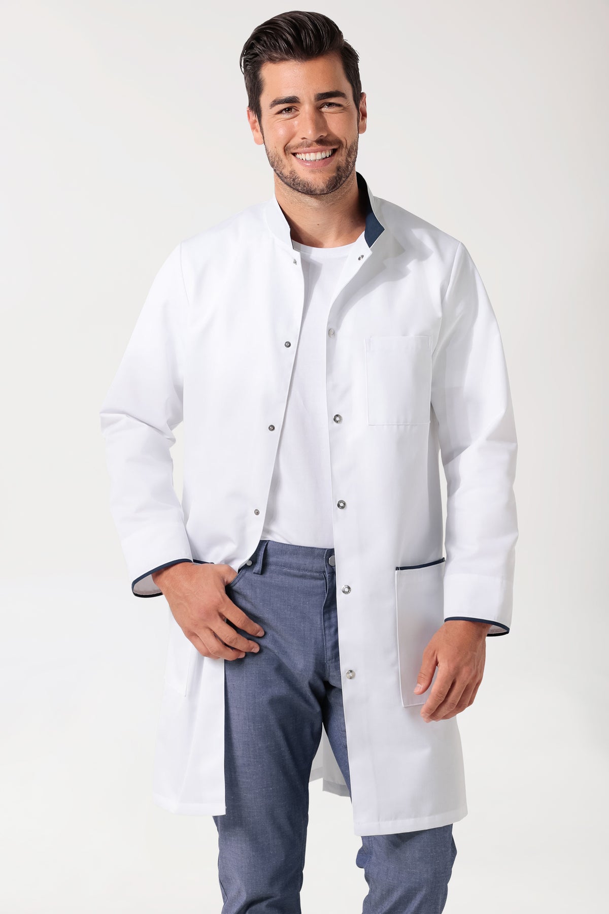 Blouse mi-longue Homme - Col officier blanc/bleu navy