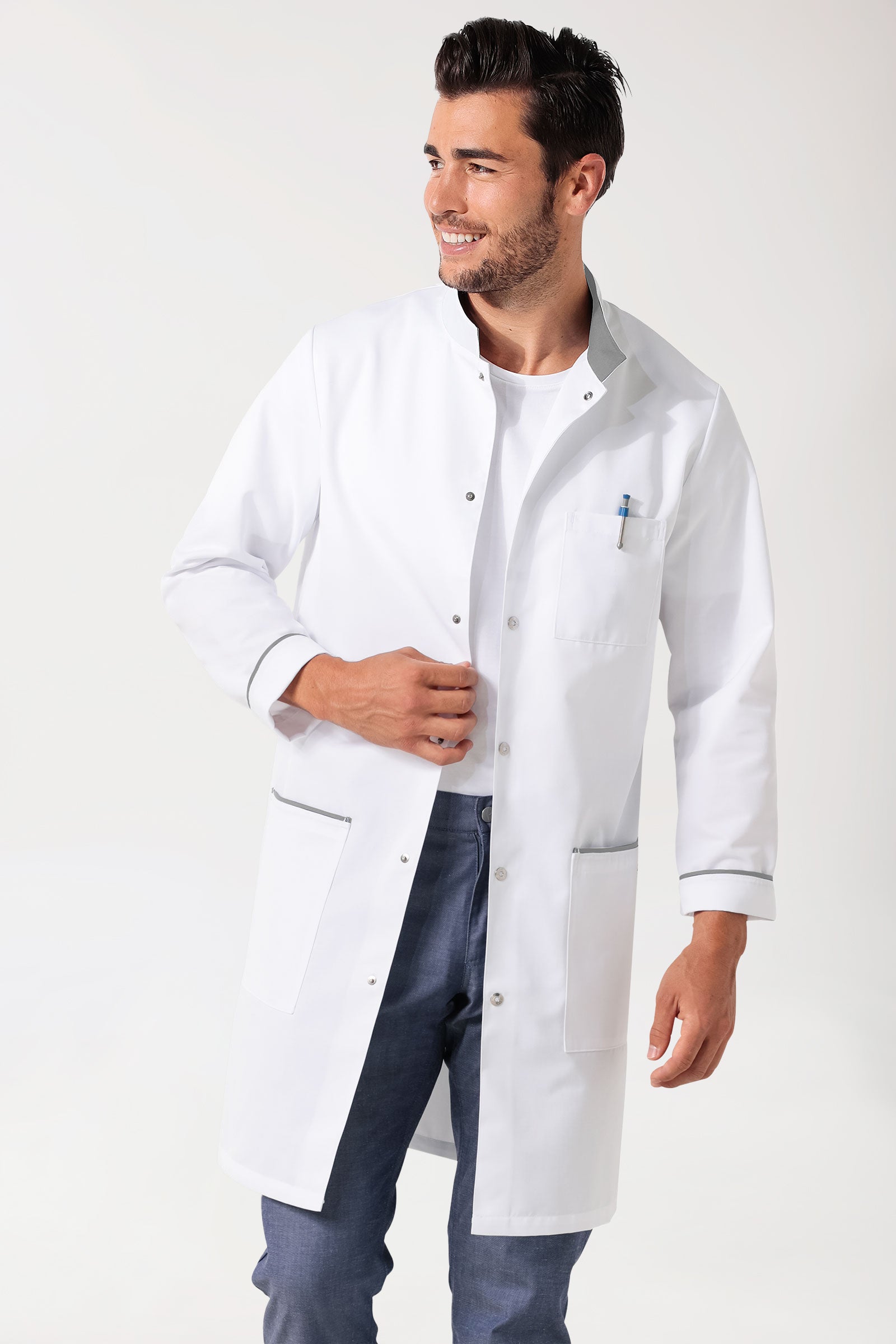 Blouse mi-longue Homme - Col officier blanc/gris