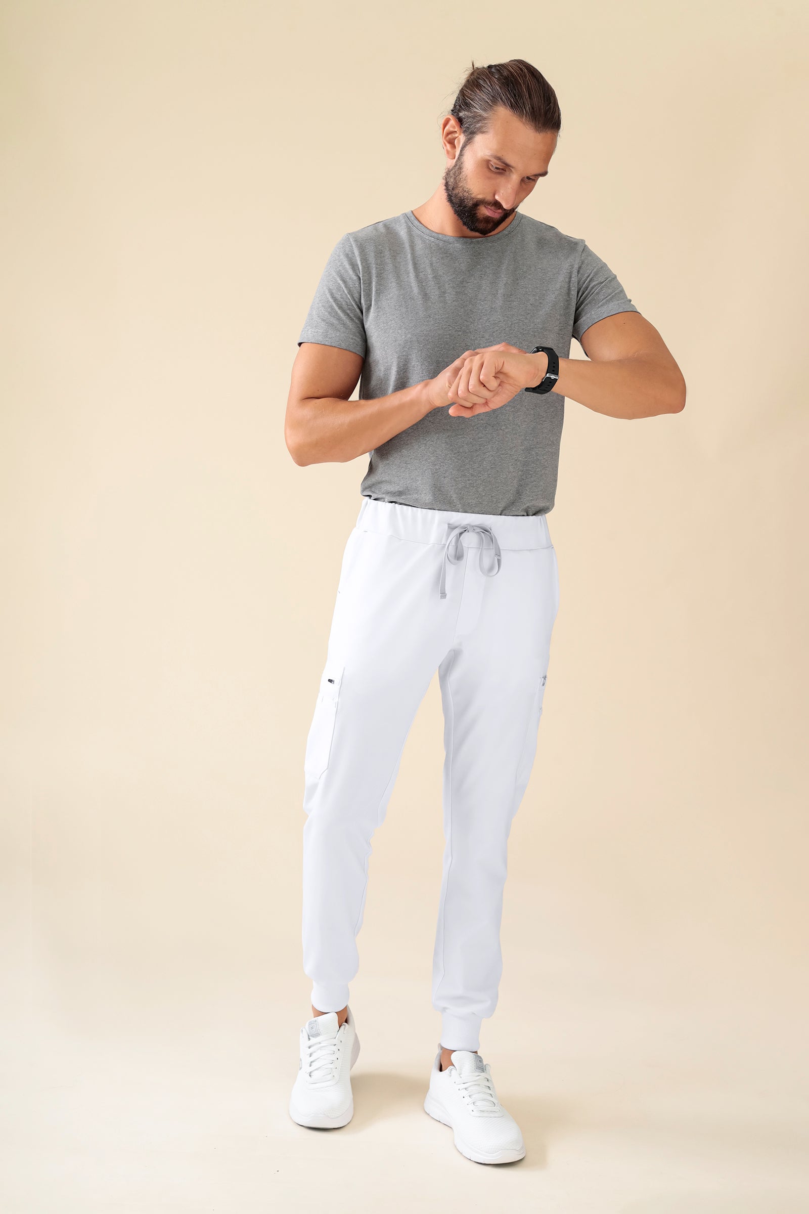 KAERE Pantalon Homme - avec poches cargo et ourlets côtelés blanc