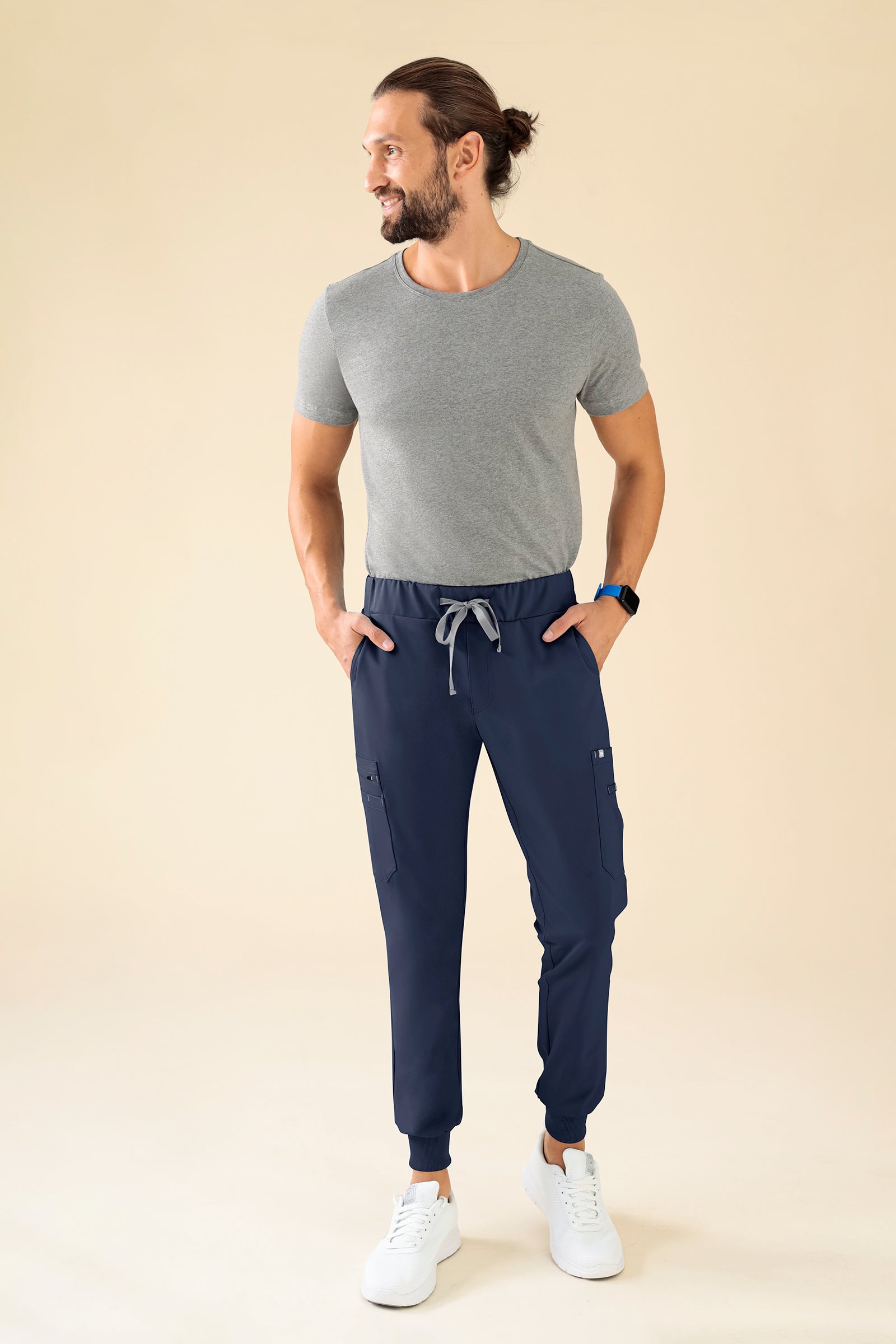 KAERE Pantalon Homme - avec poches cargo et ourlets côtelés bleu navy