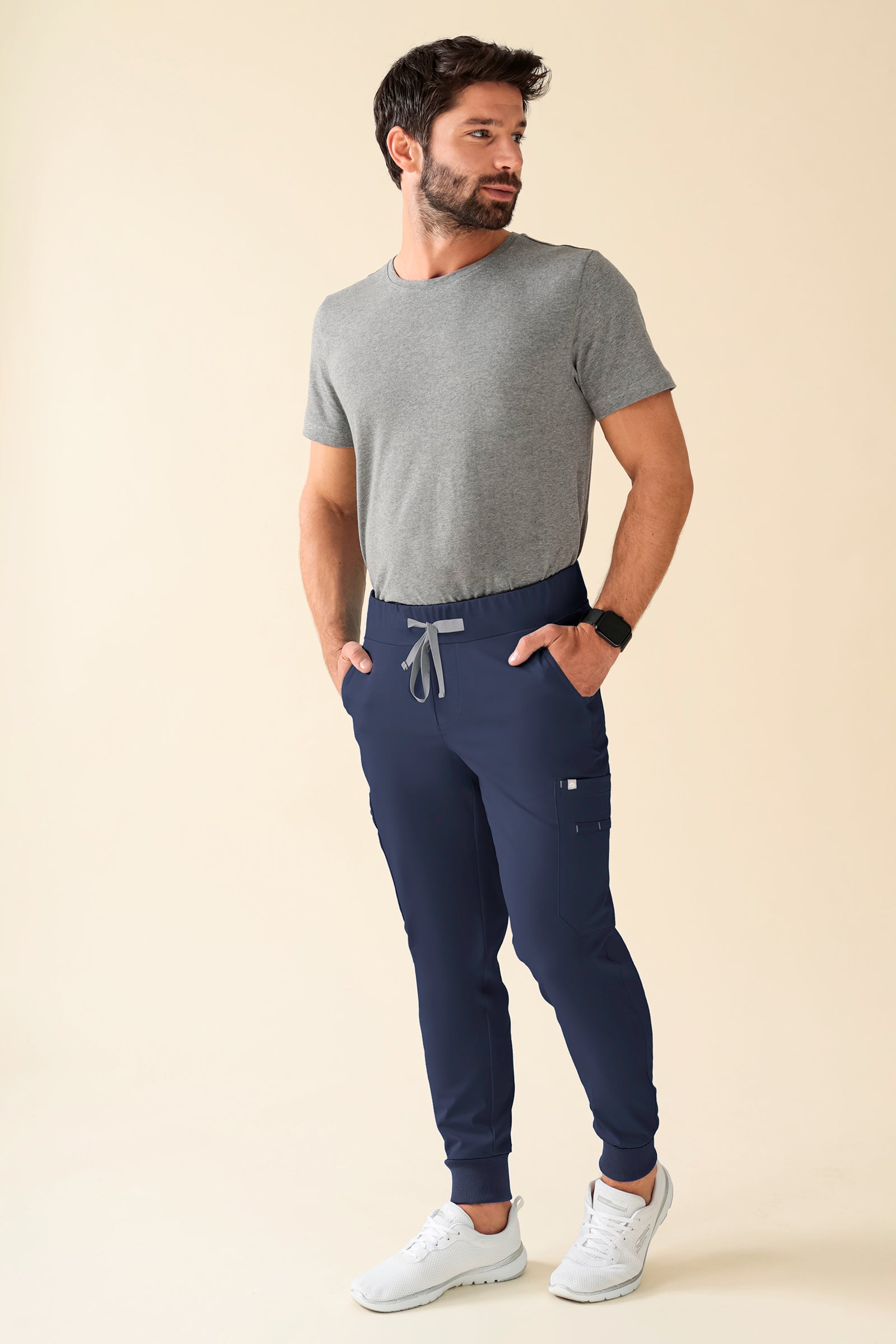 KAERE Pantalon Homme - avec poches cargo et ourlets côtelés Taille courte bleu navy
