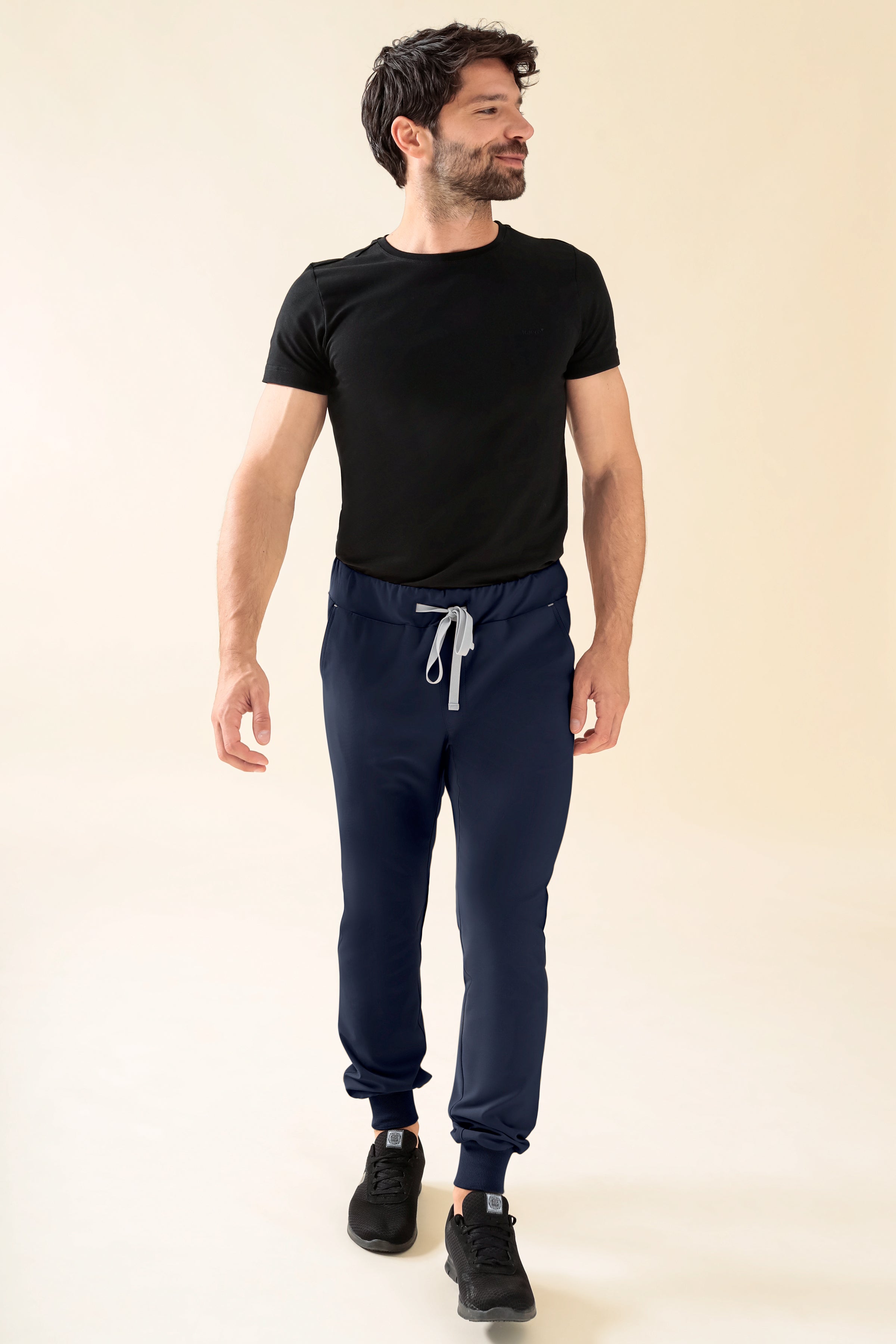 KAERE Pantalon Homme - ourlets côtelés Taille courte et sans poches cargo bleu navy, Vue de face