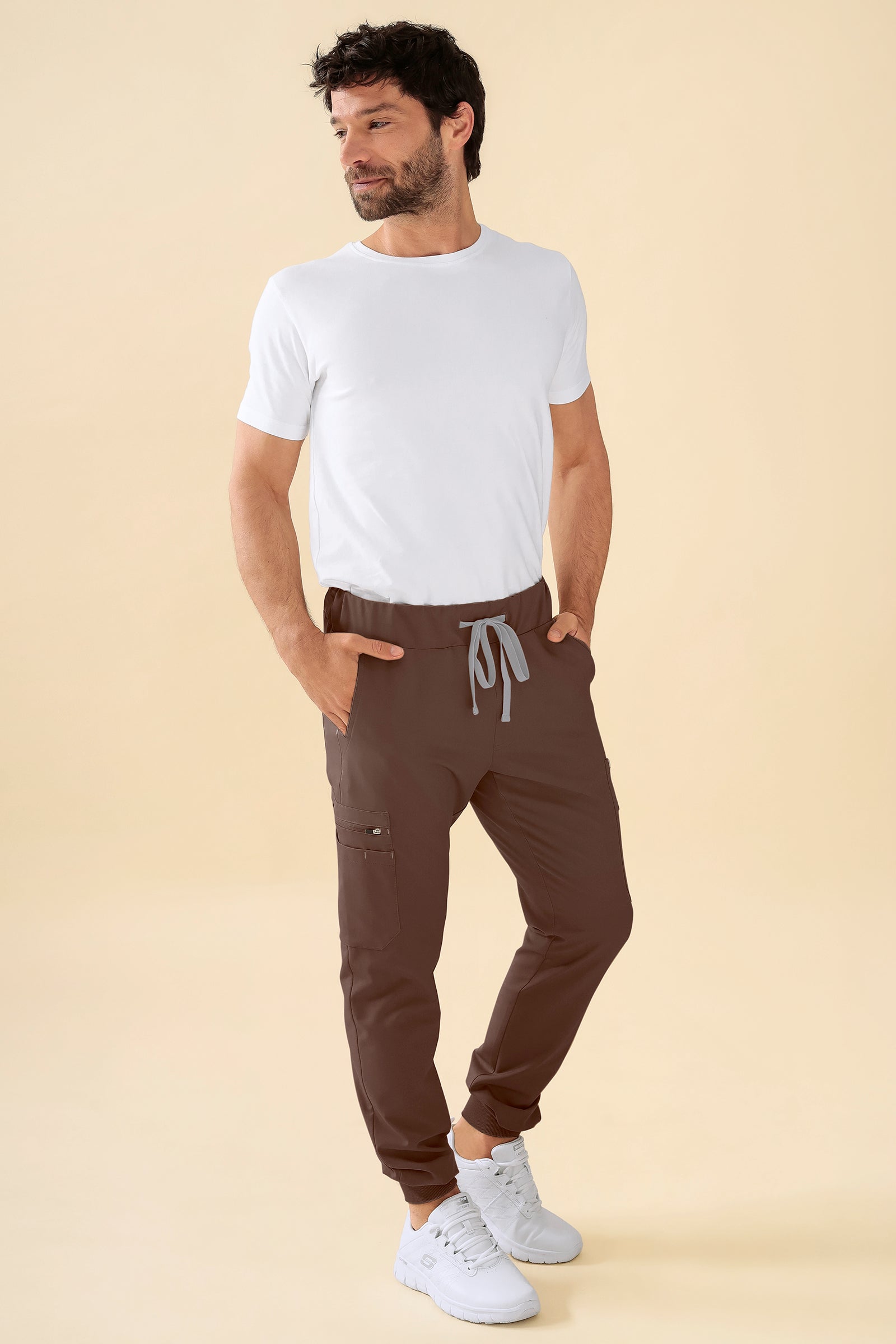 KAERE Pantalon Homme - avec poches cargo et ourlets côtelés Taille courte coffee