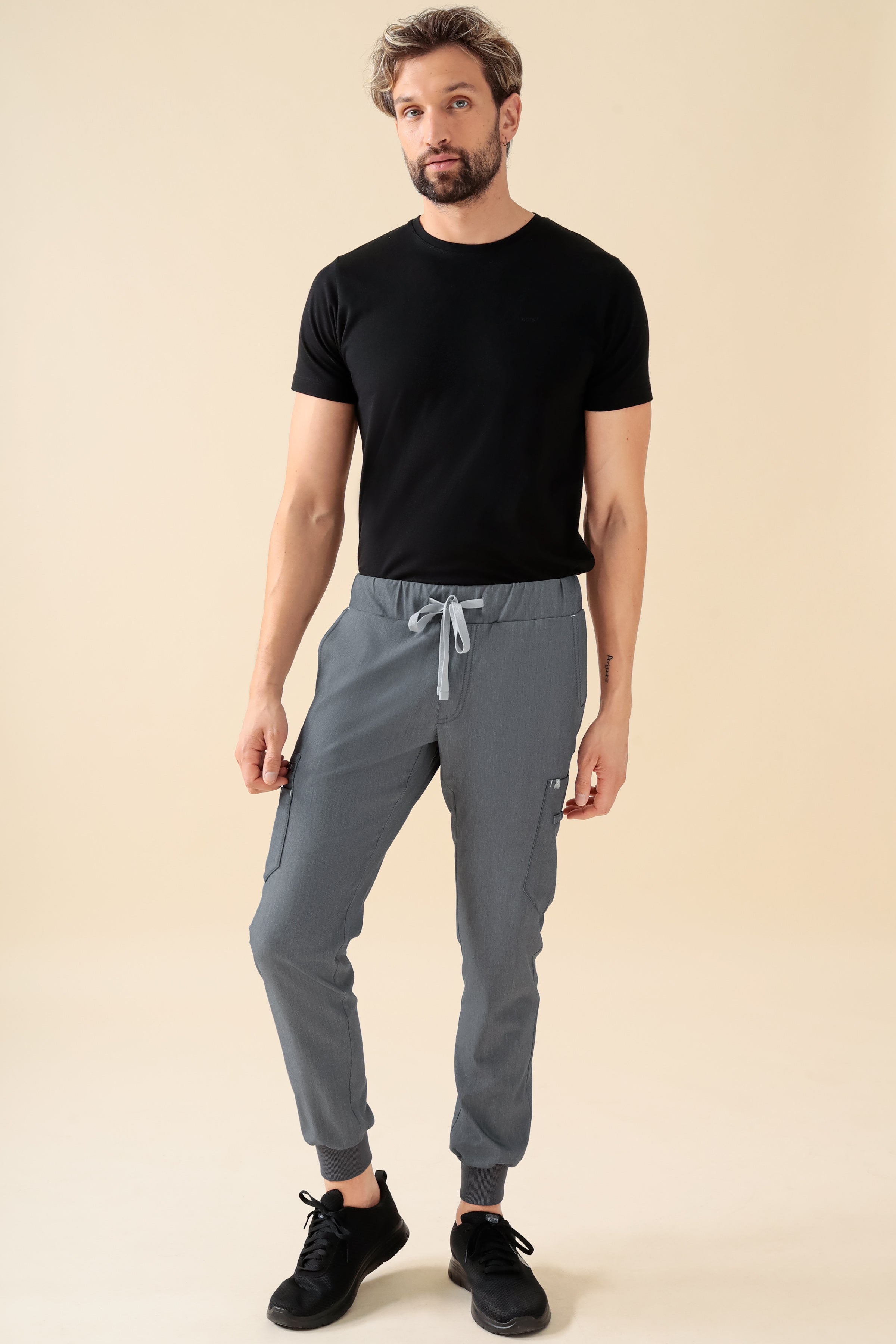 KAERE Pantalon Homme - avec poches cargo et ourlets côtelés gris chiné