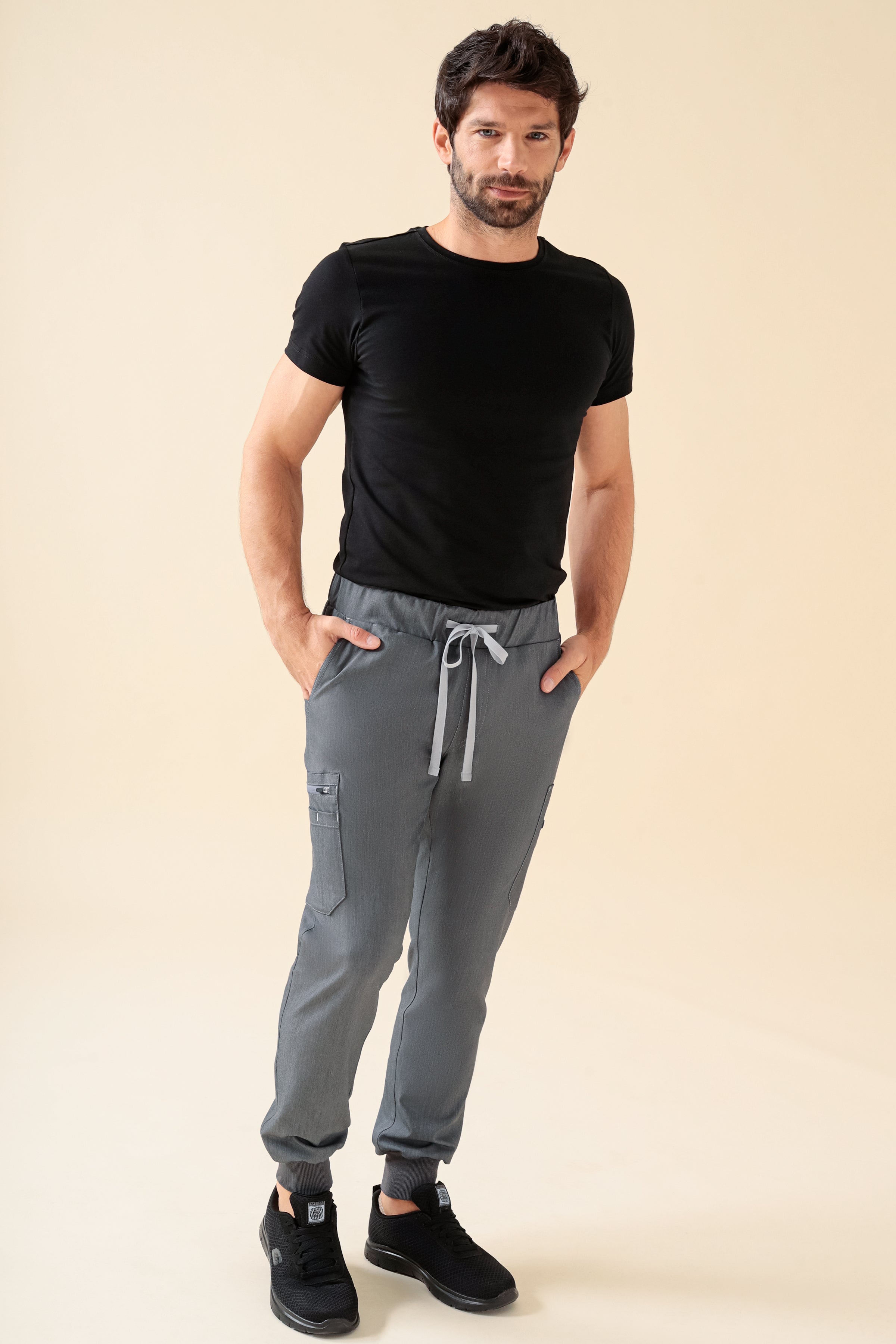 KAERE Pantalon Homme - avec poches cargo et ourlets côtelés Taille courte gris chiné
