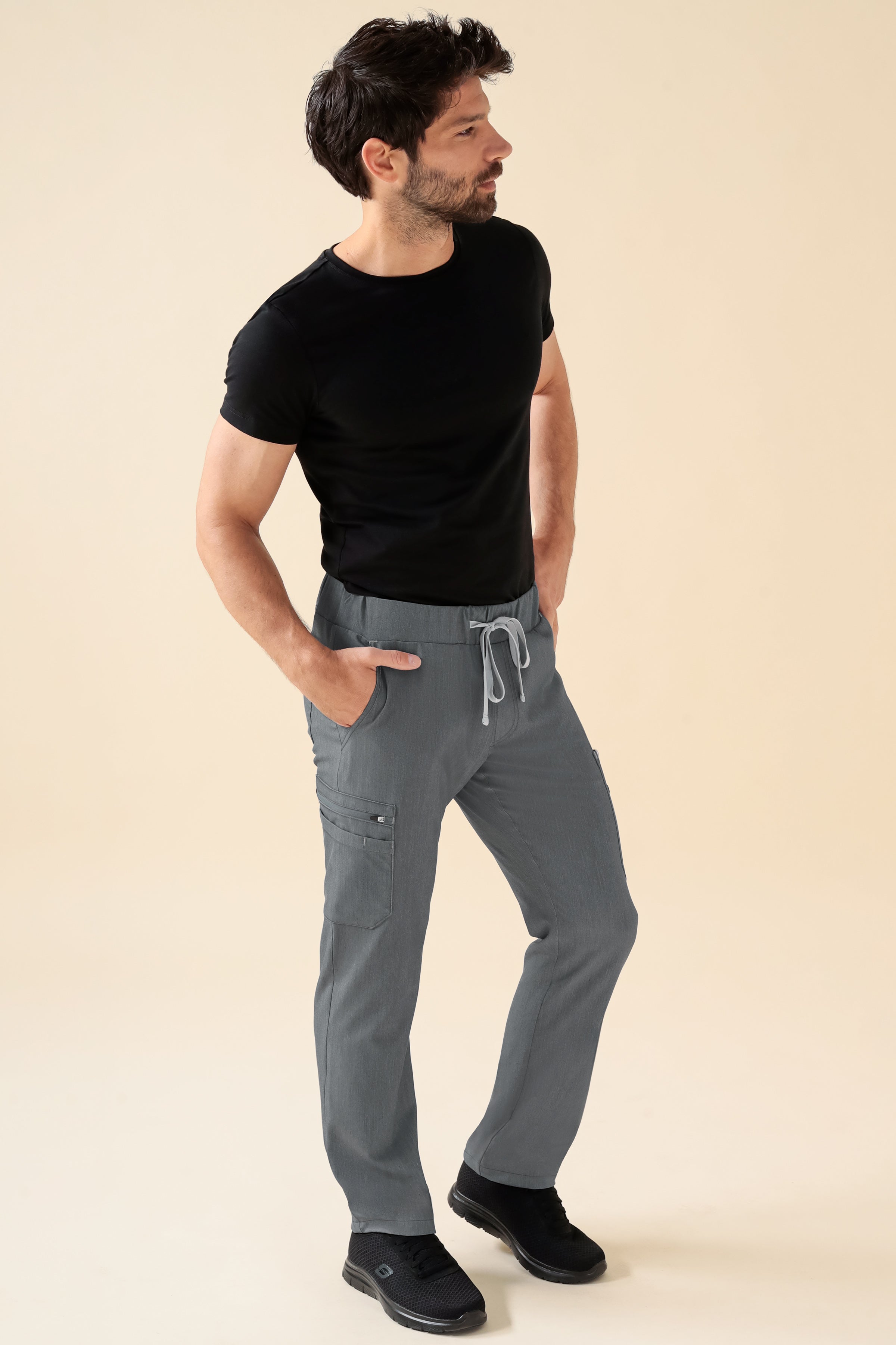 KAERE Pantalon Homme - avec poches cargo Taille courte gris chiné