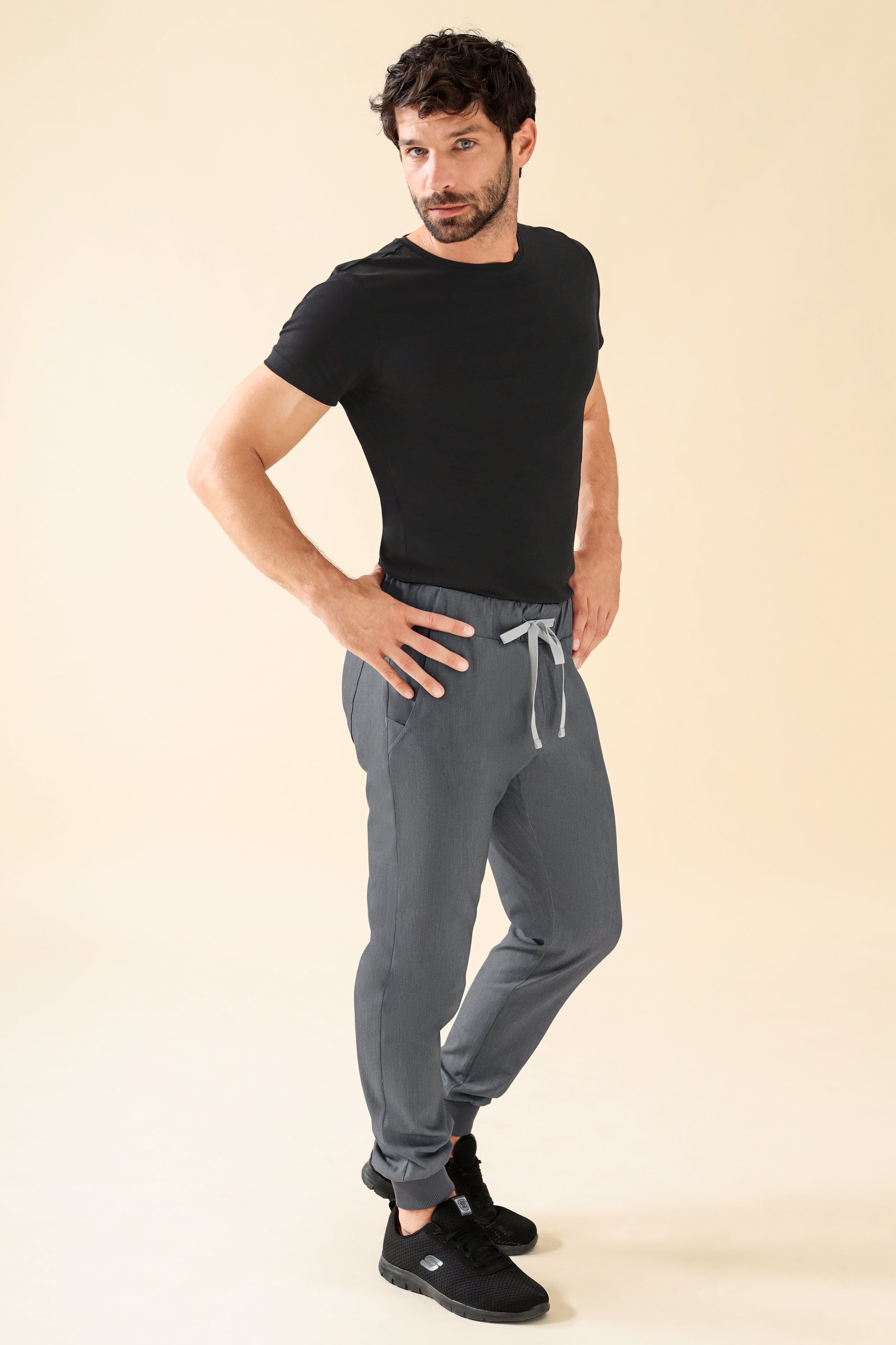 KAERE Pantalon Homme - ourlets côtelés Taille courte et sans poches cargo gris chiné, Vue de face