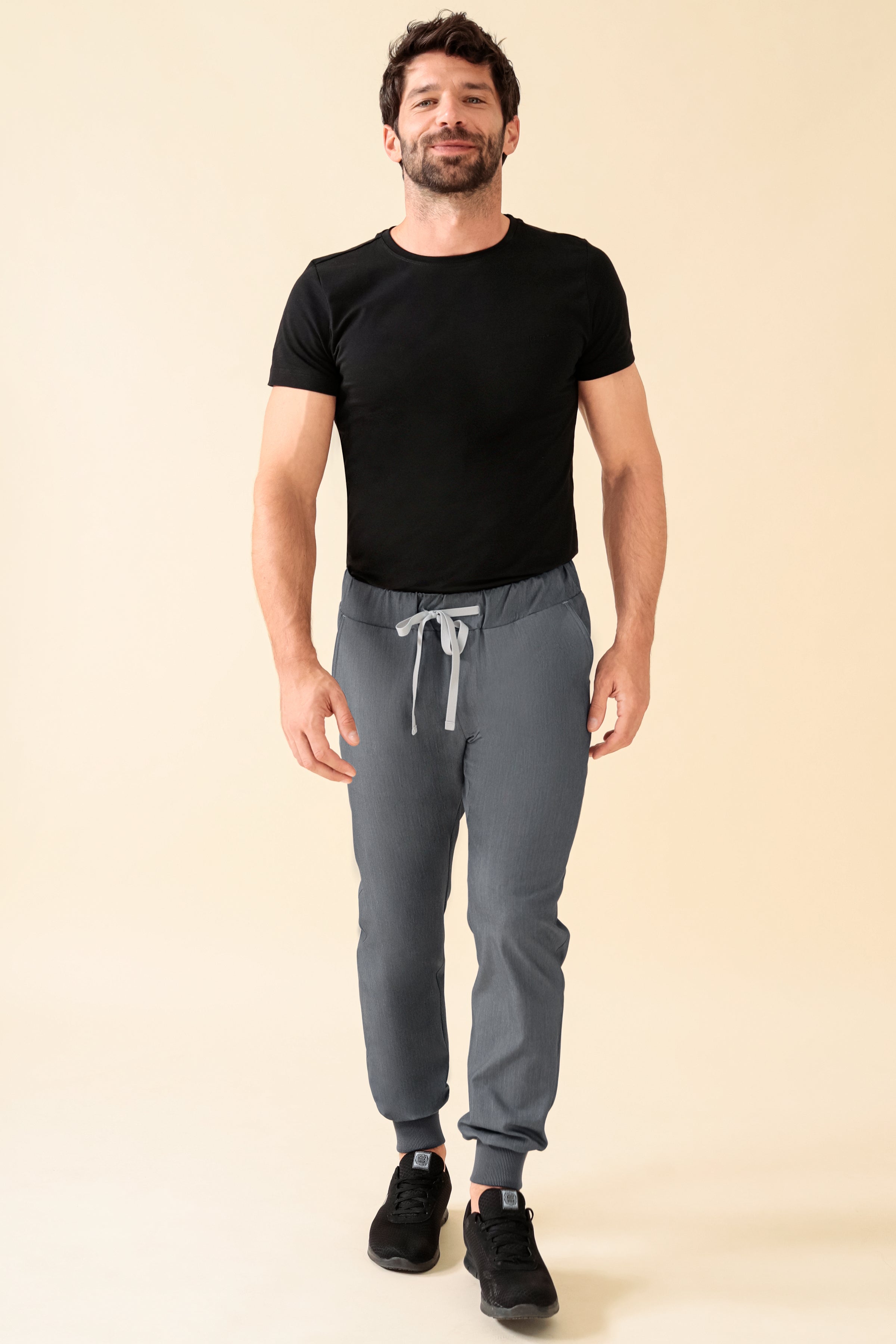 KAERE Pantalon Homme - ourlets côtelés Taille courte et sans poches cargo gris chiné, Vue de face