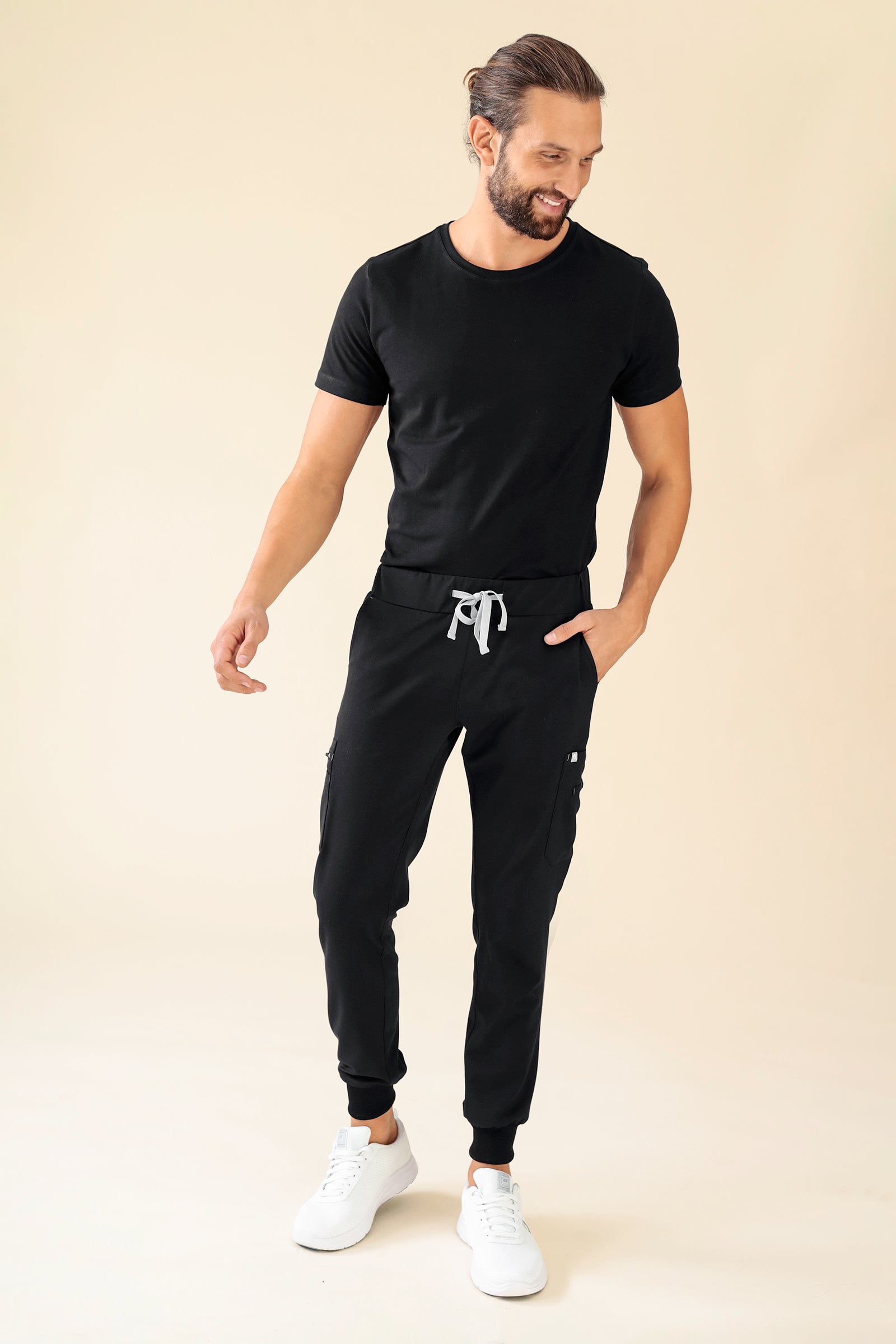 KAERE Pantalon Homme - avec poches cargo et ourlets côtelés noir