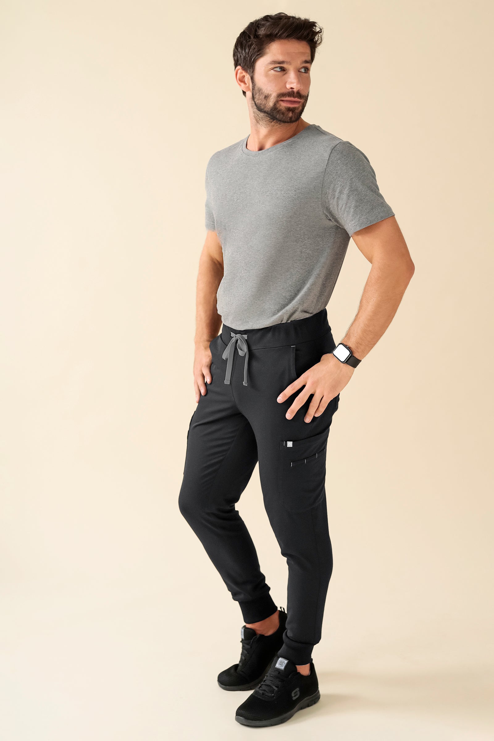 KAERE Pantalon Homme - avec poches cargo et ourlets côtelés Taille courte noir