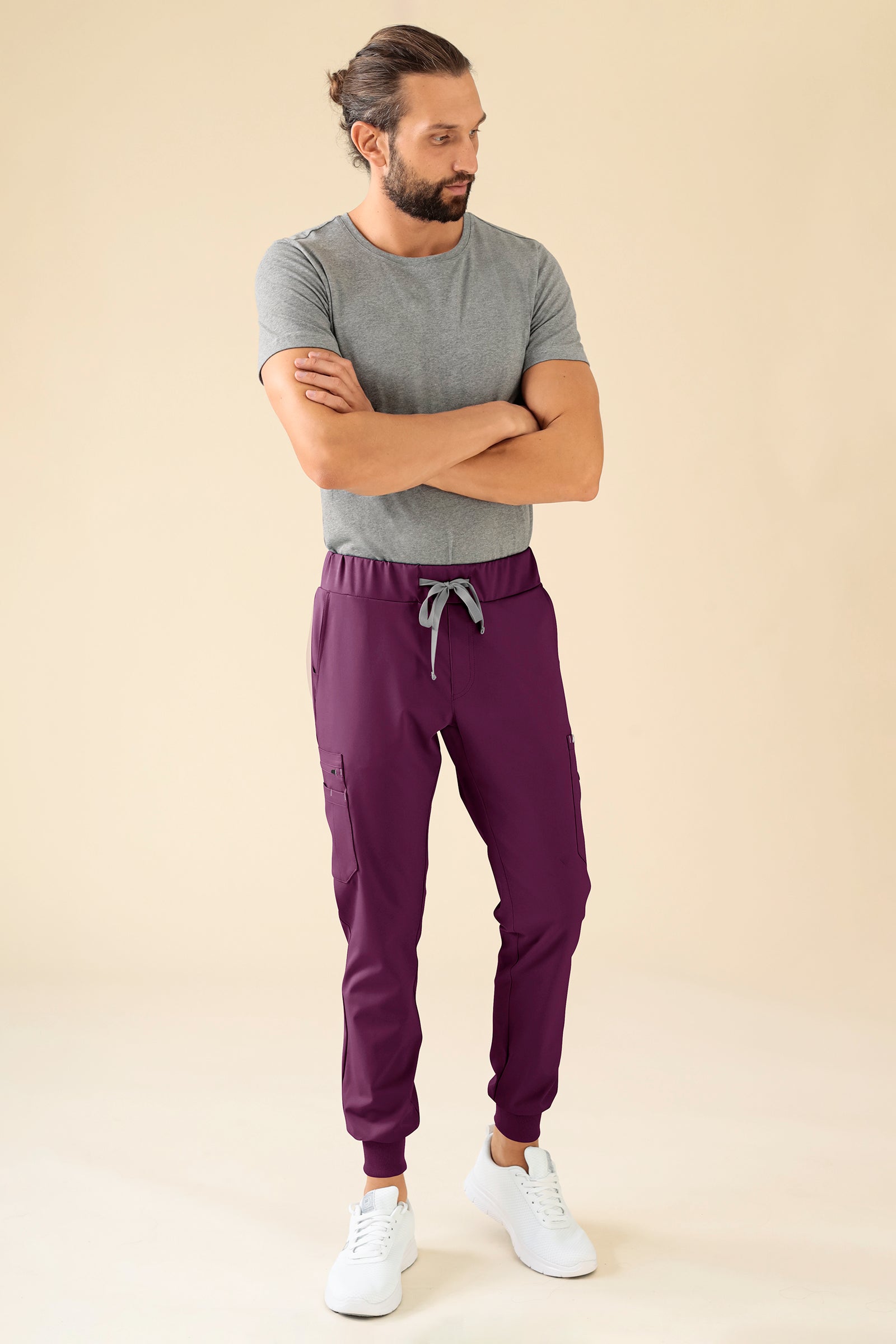 KAERE Pantalon Homme - avec poches cargo et ourlets côtelés prune
