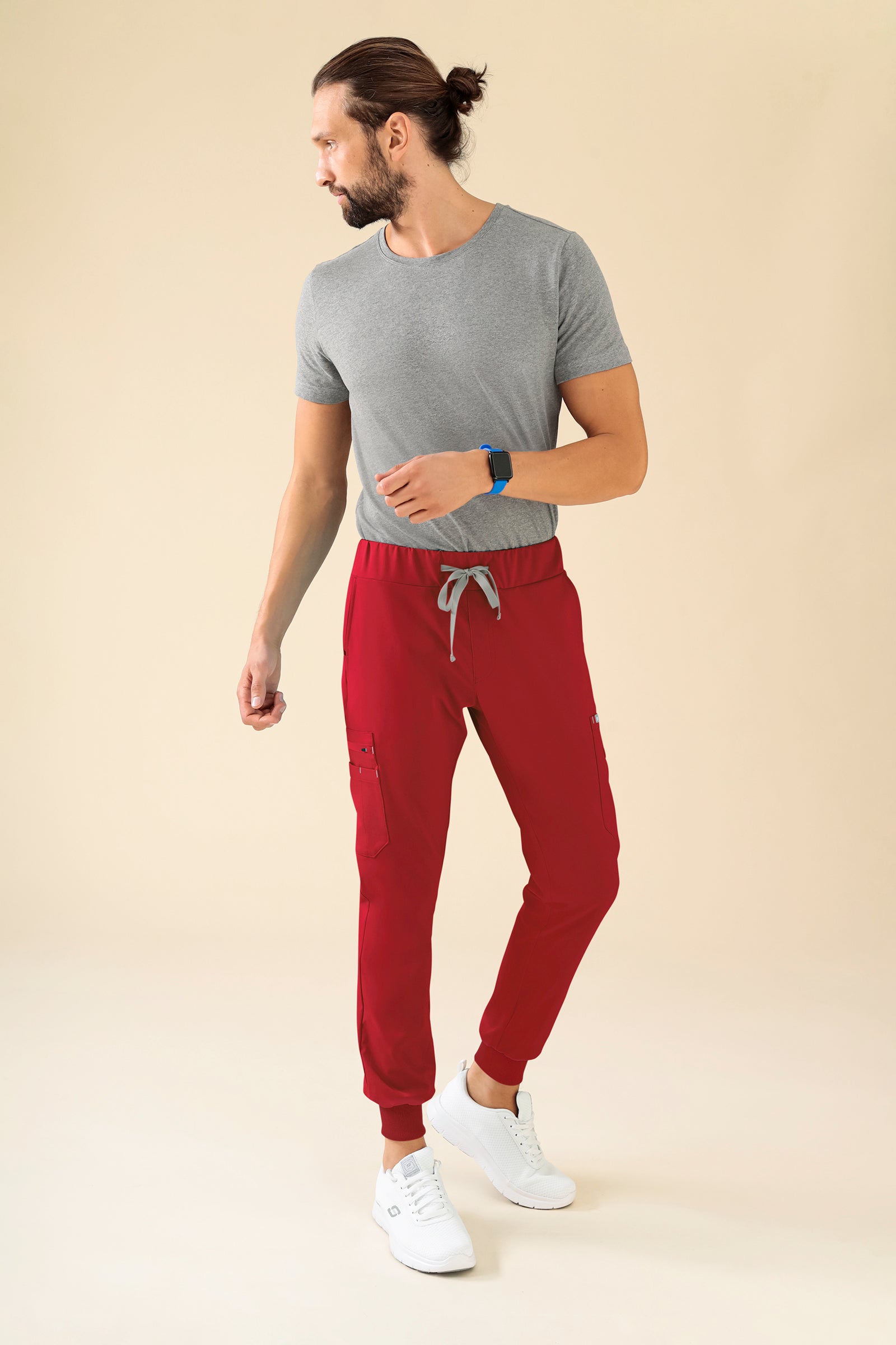 KAERE Pantalon Homme - avec poches cargo et ourlets côtelés rouge