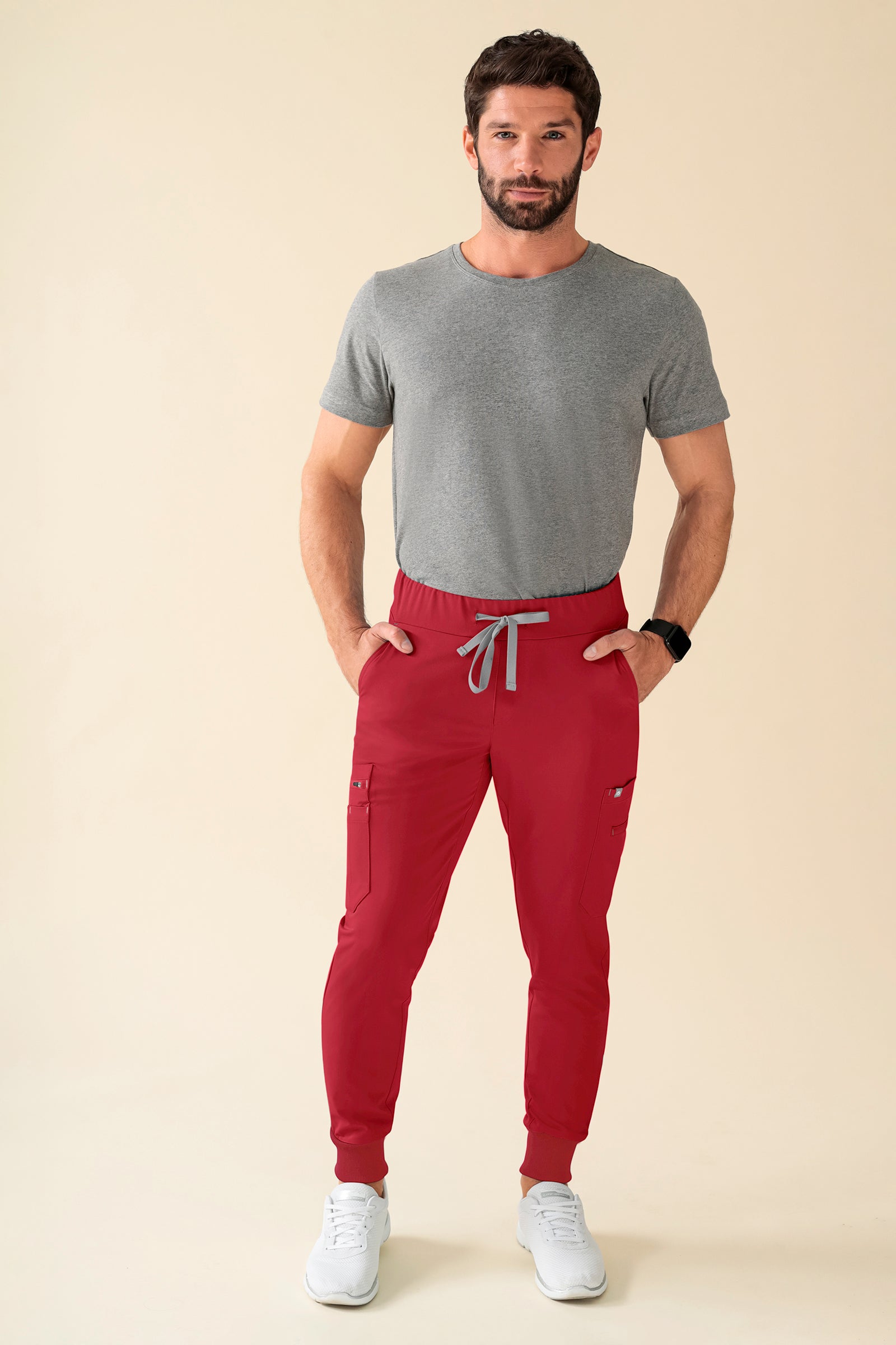 KAERE Pantalon Homme - avec poches cargo et ourlets côtelés Taille courte rouge