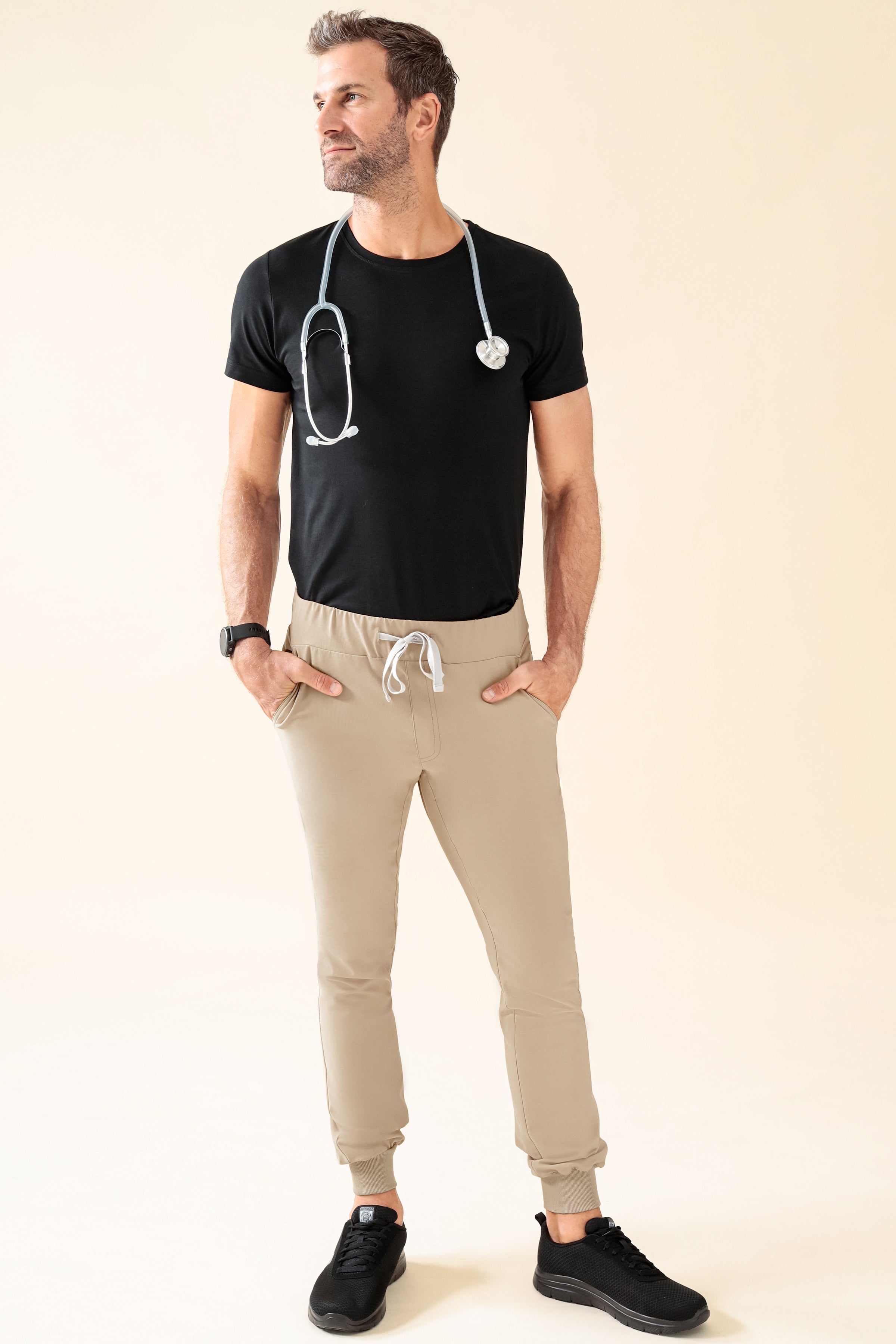 KAERE Pantalon Homme - ourlets côtelés et sans poches cargo sable, Vue de face