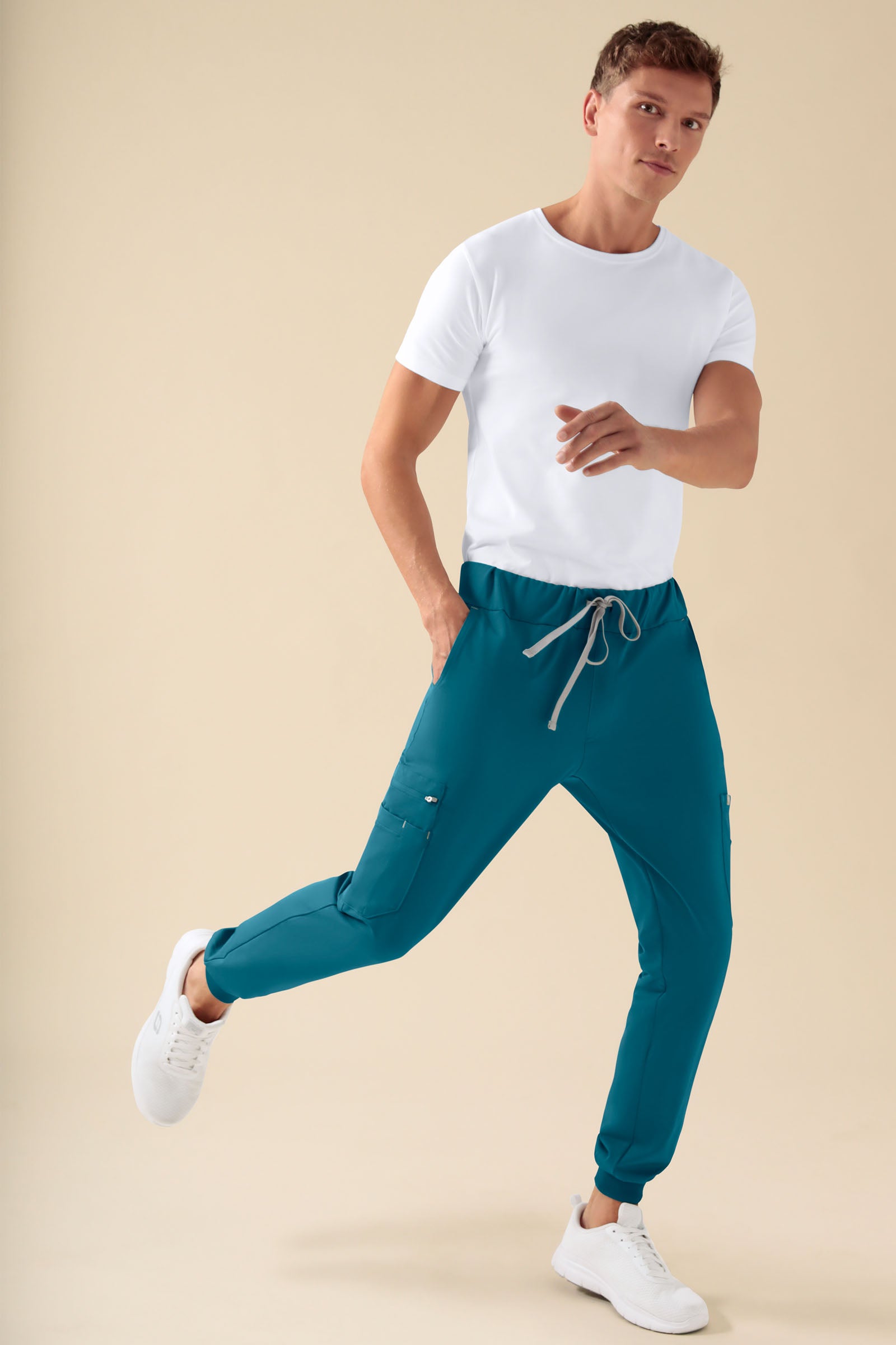 KAERE Pantalon Homme - avec poches cargo et ourlets côtelés pétrole